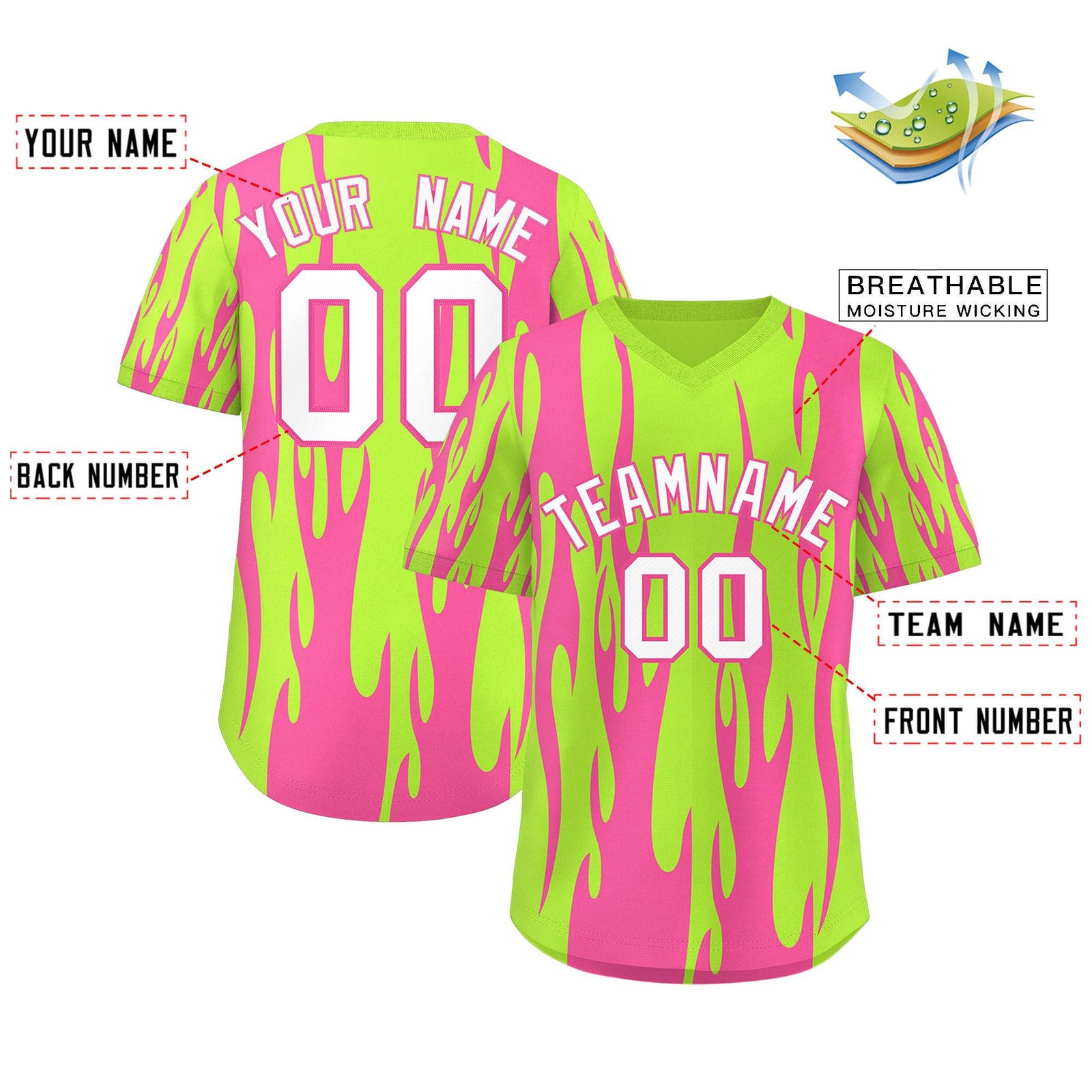 Custom Neon Green Pink Flame Pattern Authentic Pullover Baseball Jersey