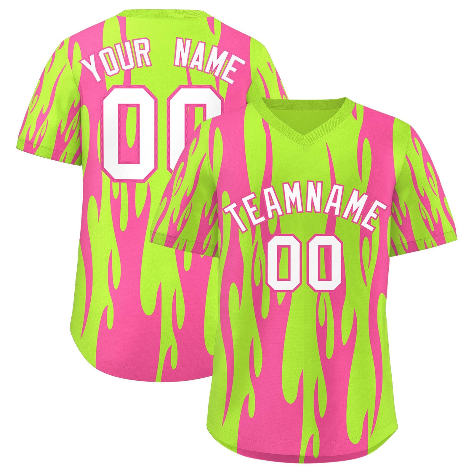 Custom Neon Green Pink Flame Pattern Authentic Pullover Baseball Jersey