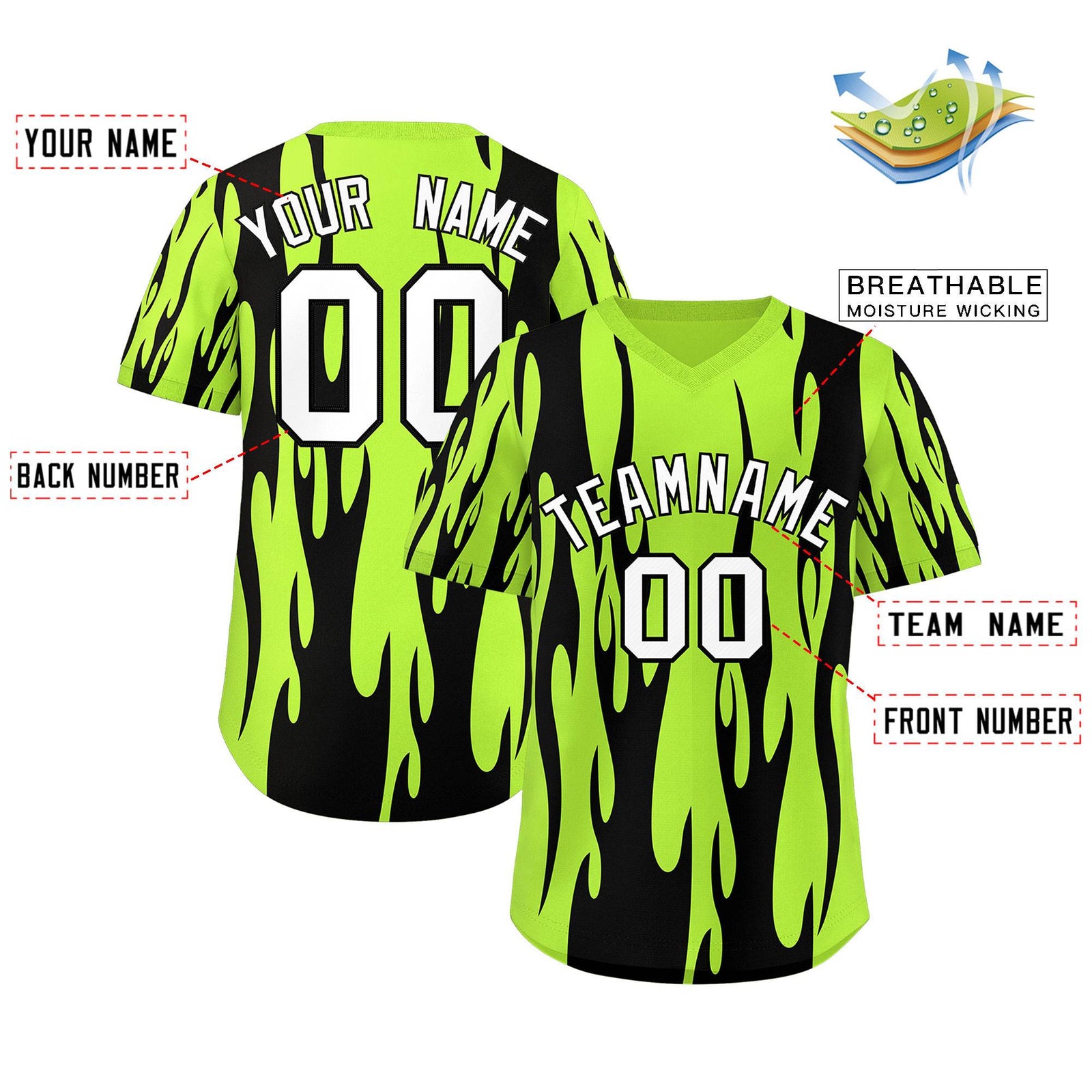 Custom Neon Green Black Flame Pattern Authentic Pullover Baseball Jersey
