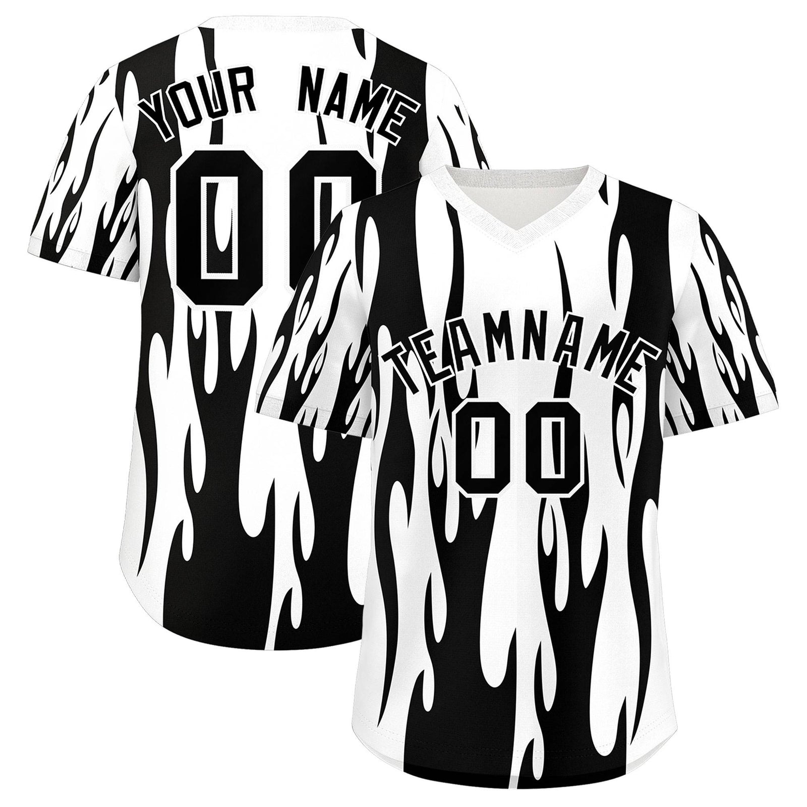 Custom White Black Flame Pattern Authentic Pullover Baseball Jersey