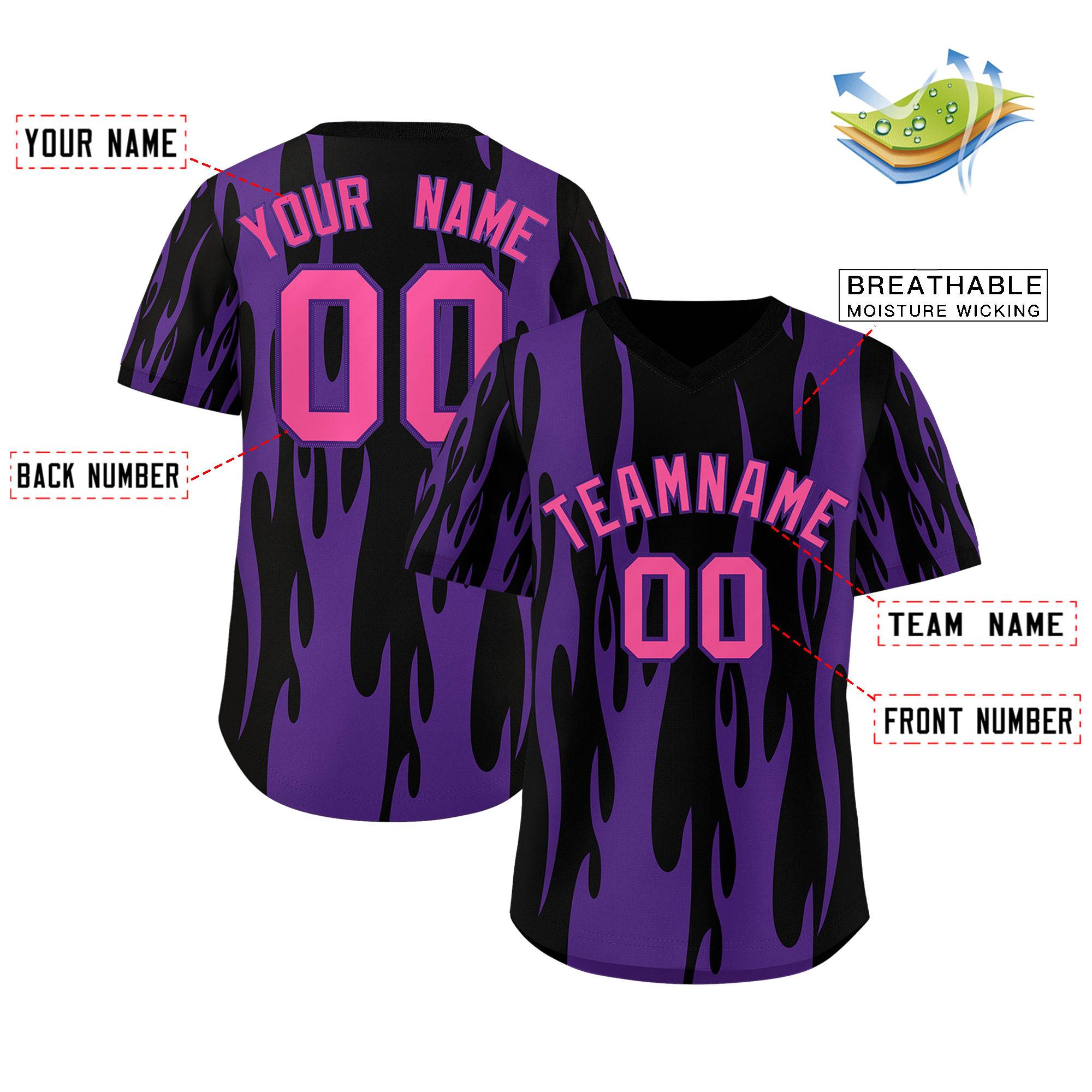 Custom Black Purple Flame Pattern Authentic Pullover Baseball Jersey
