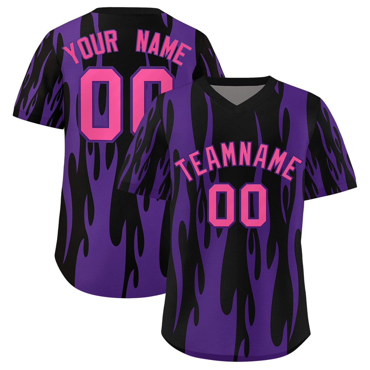 Custom Black Purple Flame Pattern Authentic Pullover Baseball Jersey
