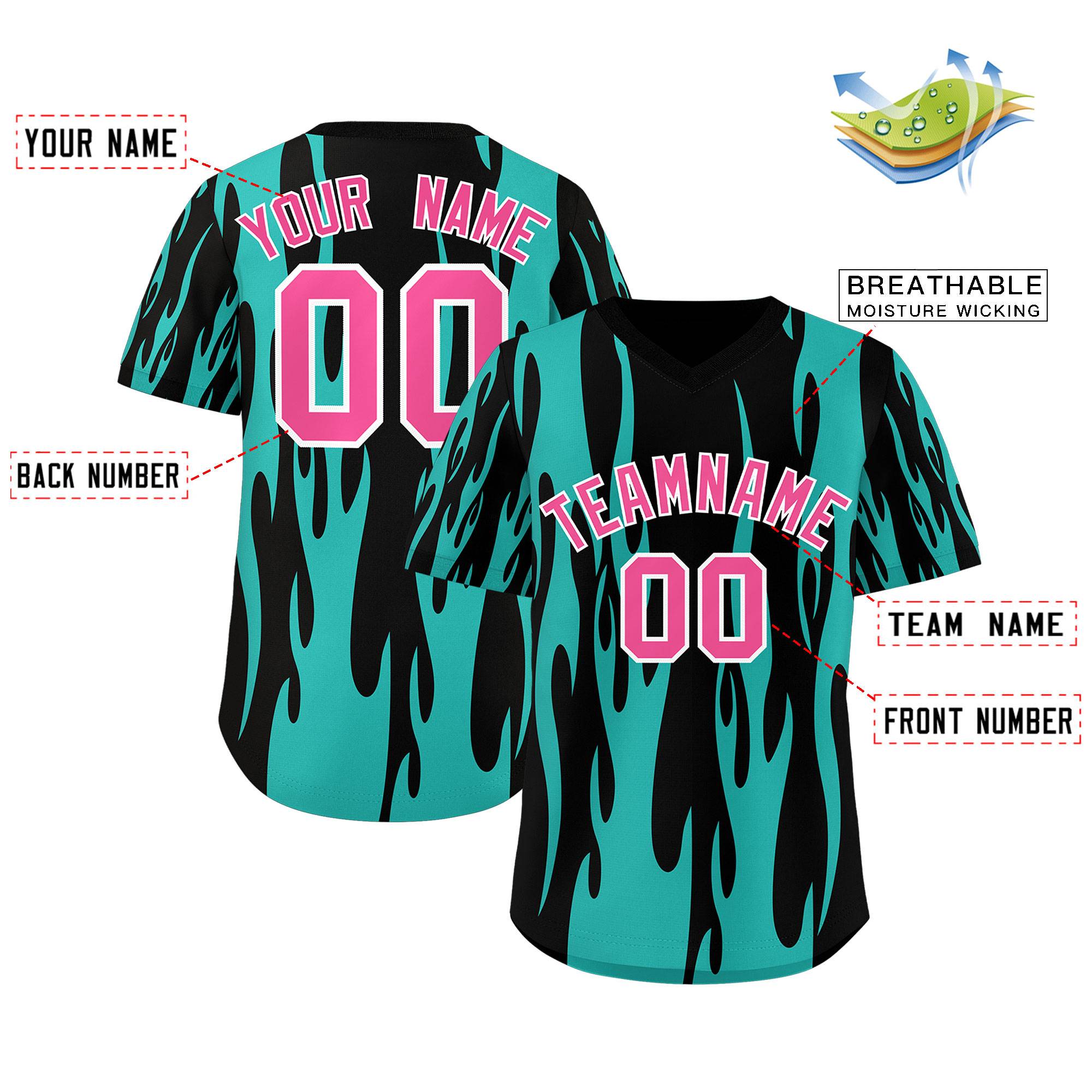 Custom Black Aqua Flame Pattern Authentic Pullover Baseball Jersey
