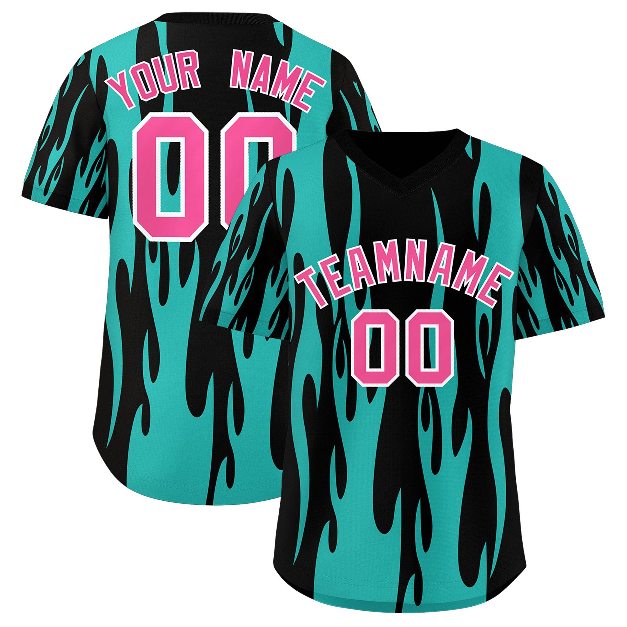 Custom Black Aqua Flame Pattern Authentic Pullover Baseball Jersey