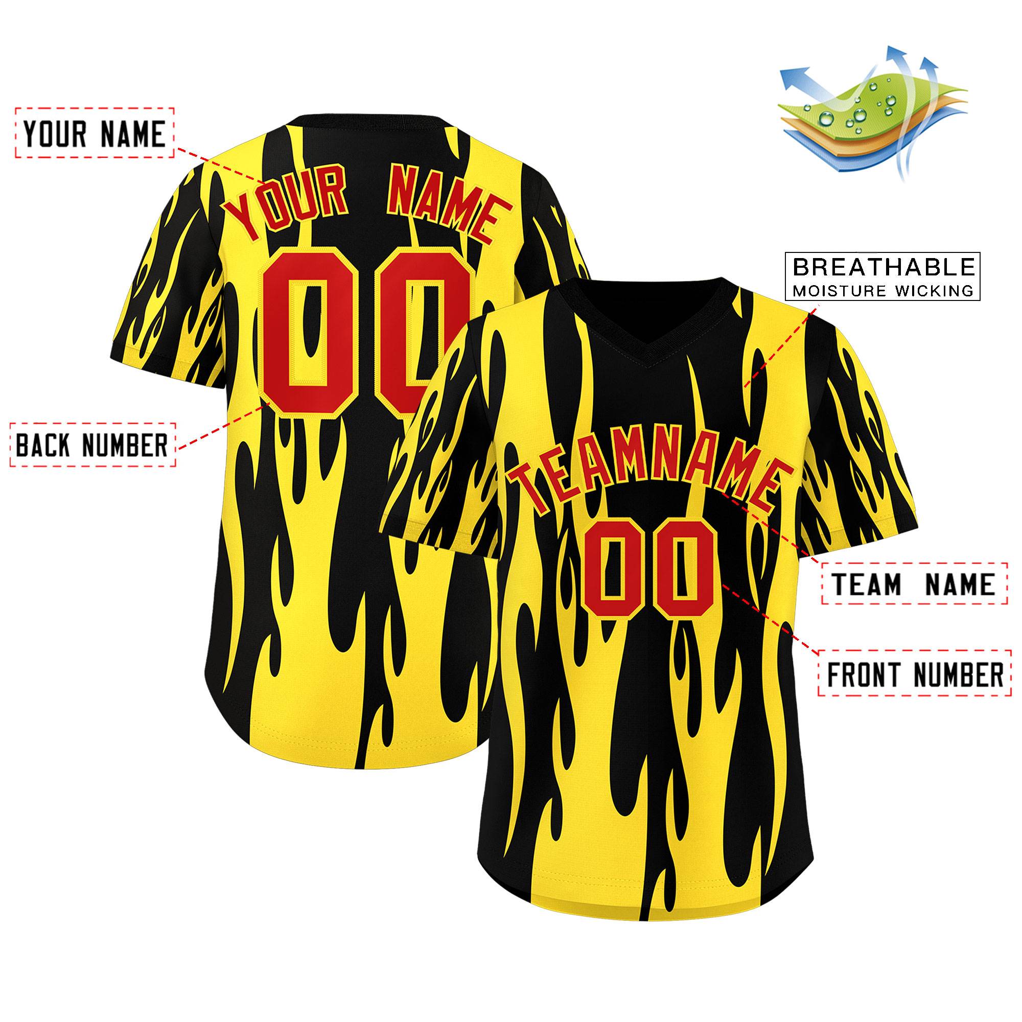 Custom Black Gold Flame Pattern Authentic Pullover Baseball Jersey
