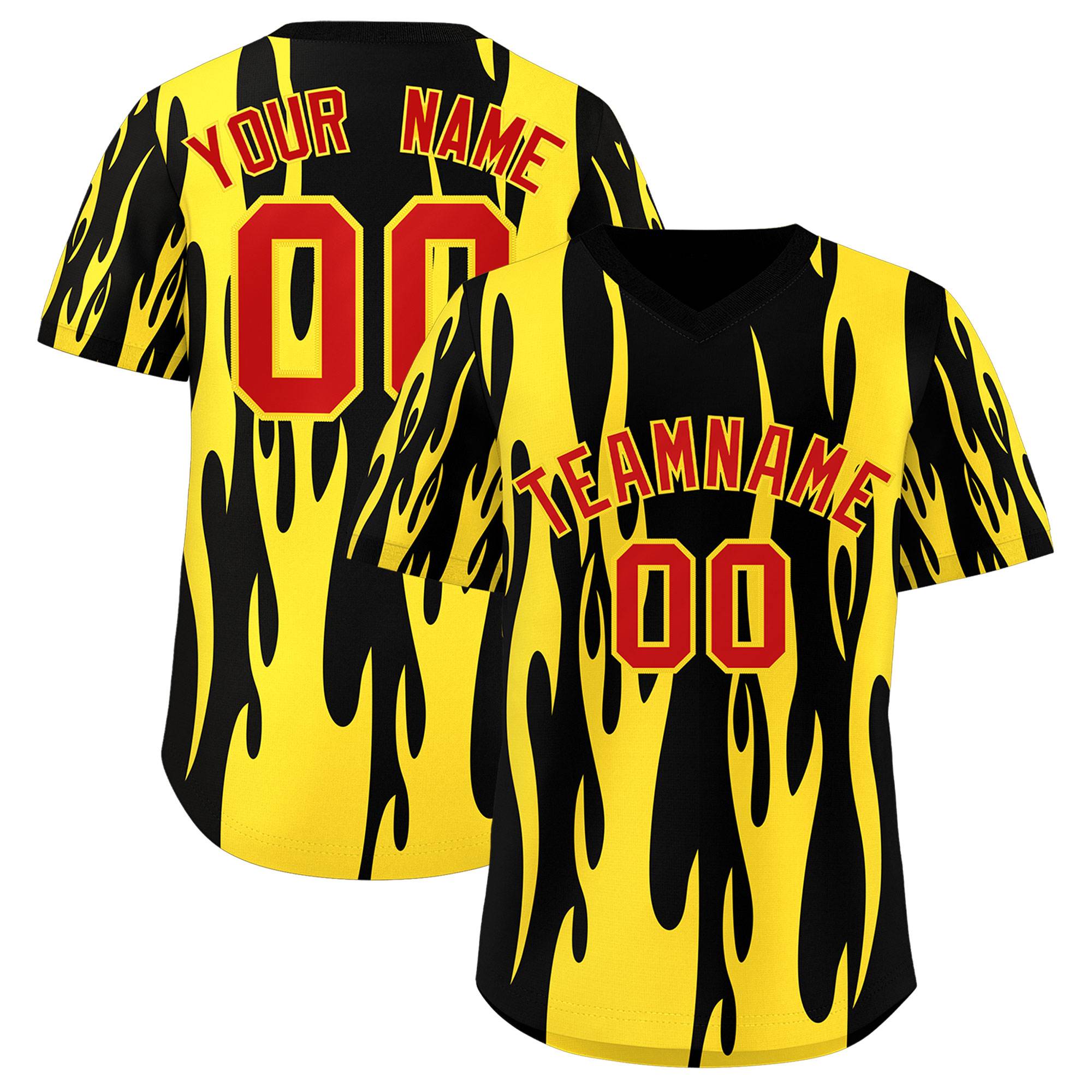 Custom Black Gold Flame Pattern Authentic Pullover Baseball Jersey