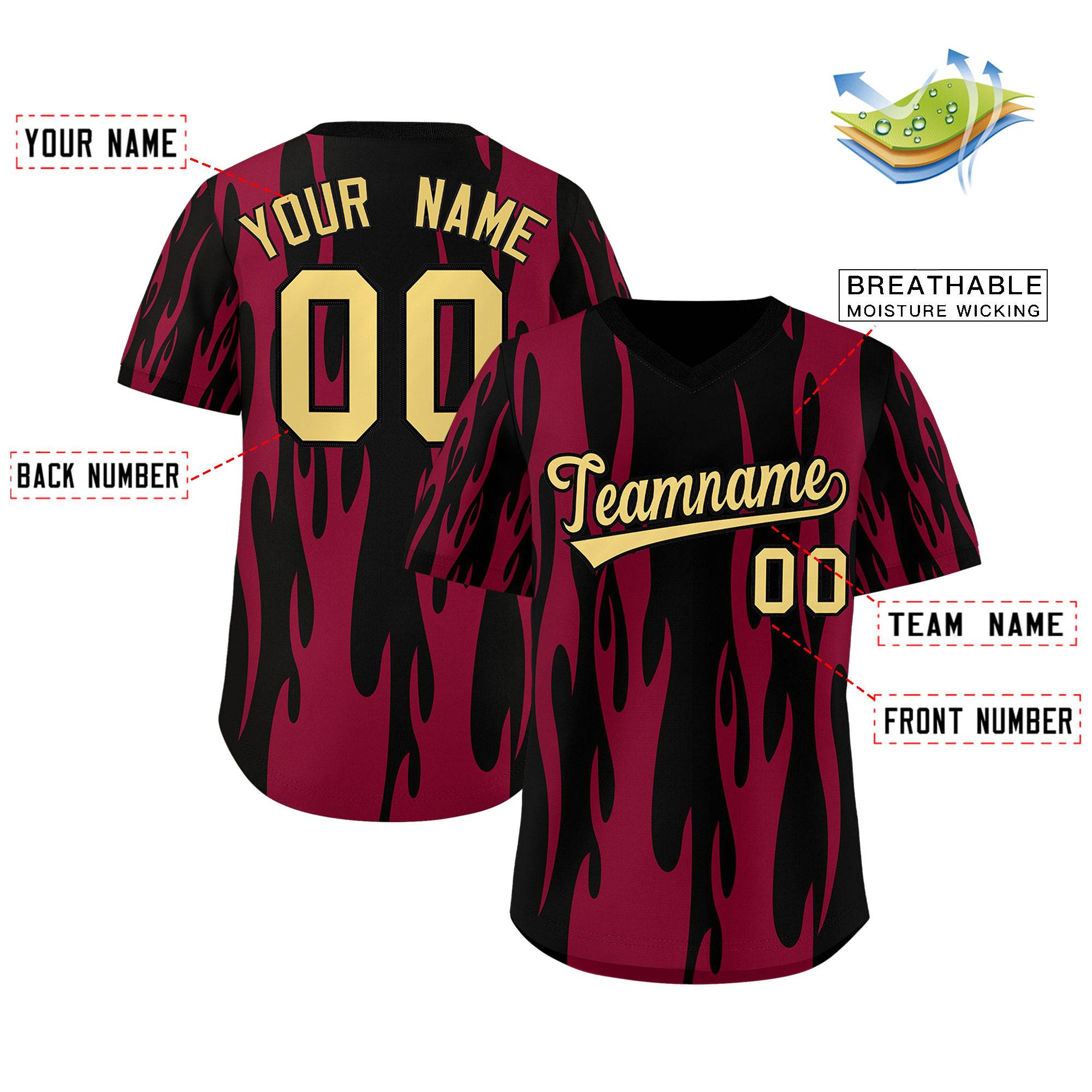 Custom Black Crimson Flame Pattern Authentic Pullover Baseball Jersey