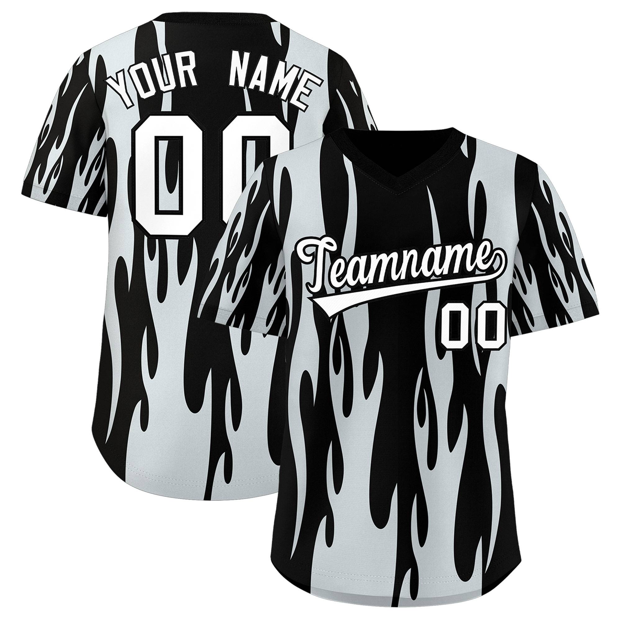 Custom Black Silver Flame Pattern Authentic Pullover Baseball Jersey