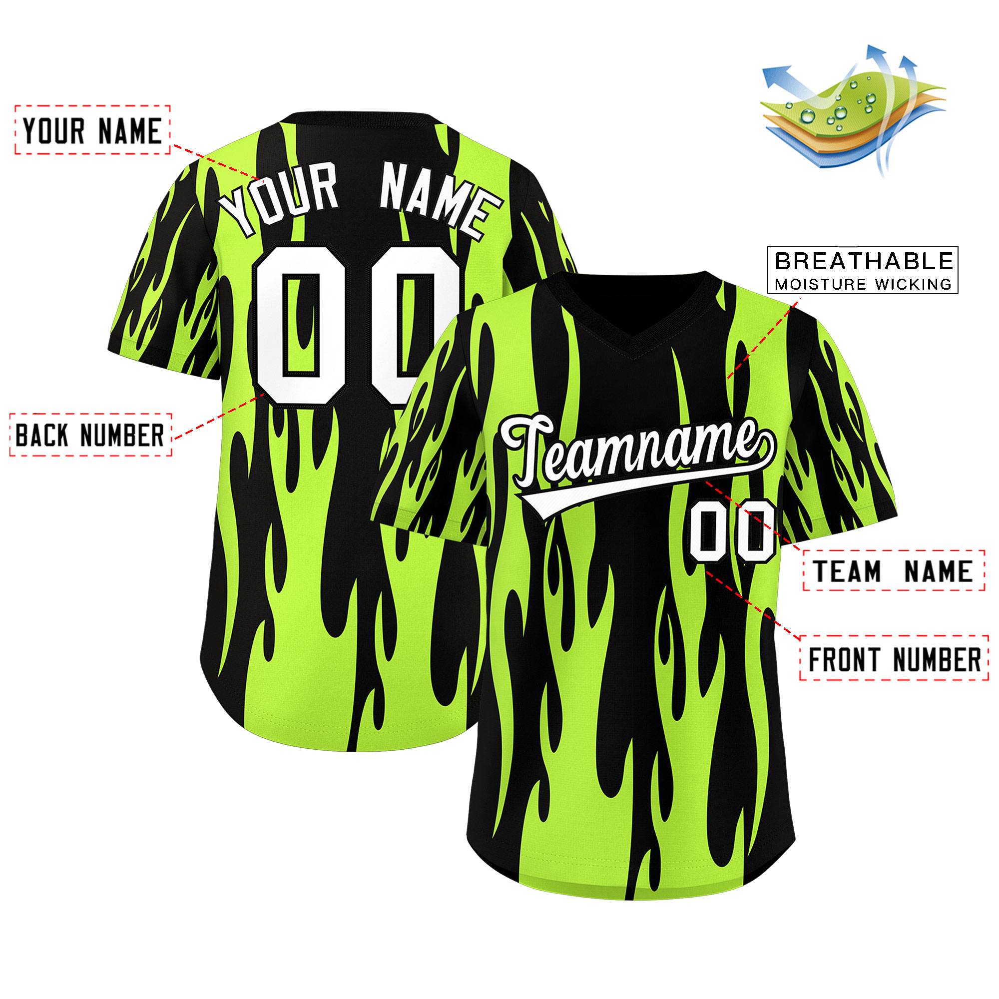 Custom Black Neon Green Flame Pattern Authentic Pullover Baseball Jersey