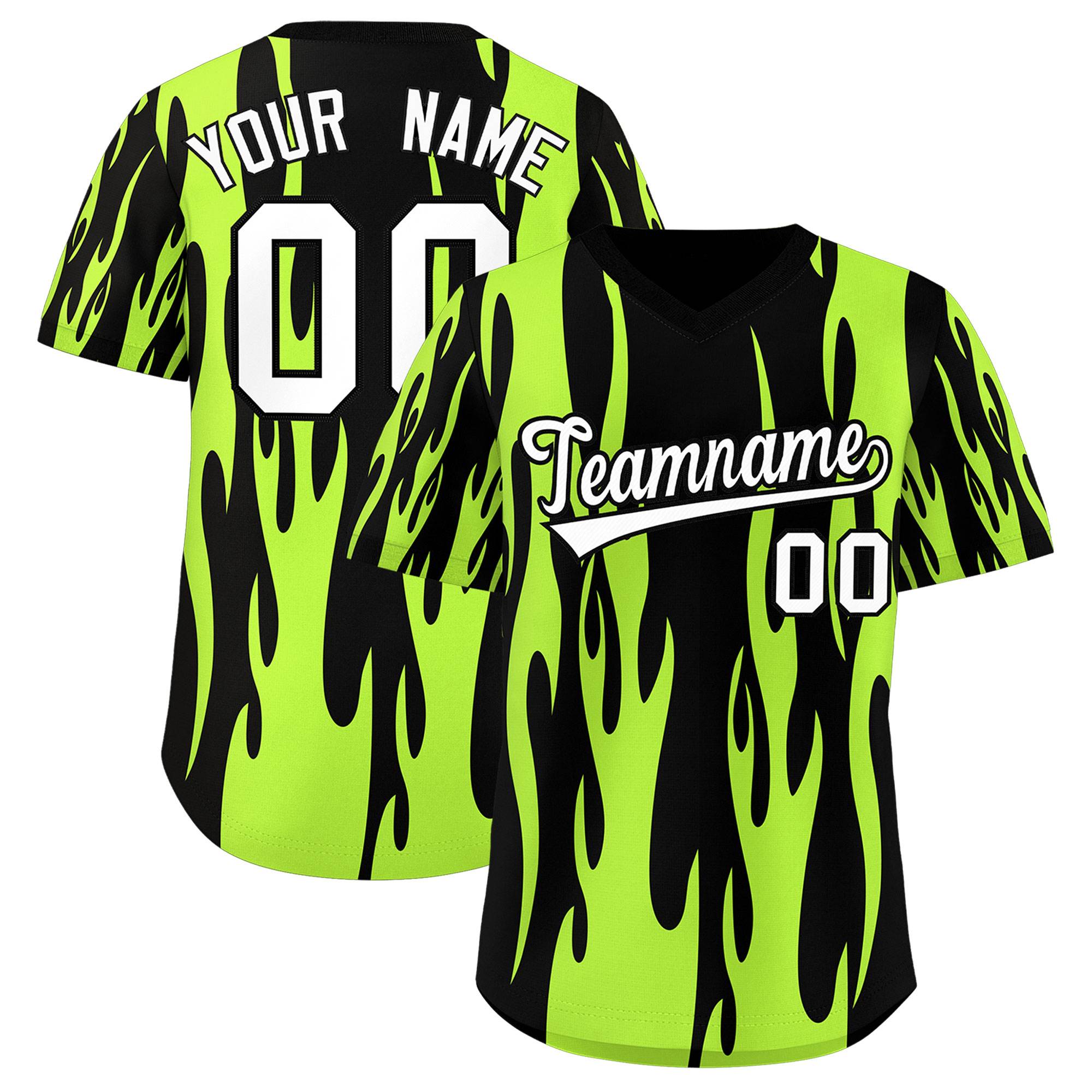 Custom Black Neon Green Flame Pattern Authentic Pullover Baseball Jersey
