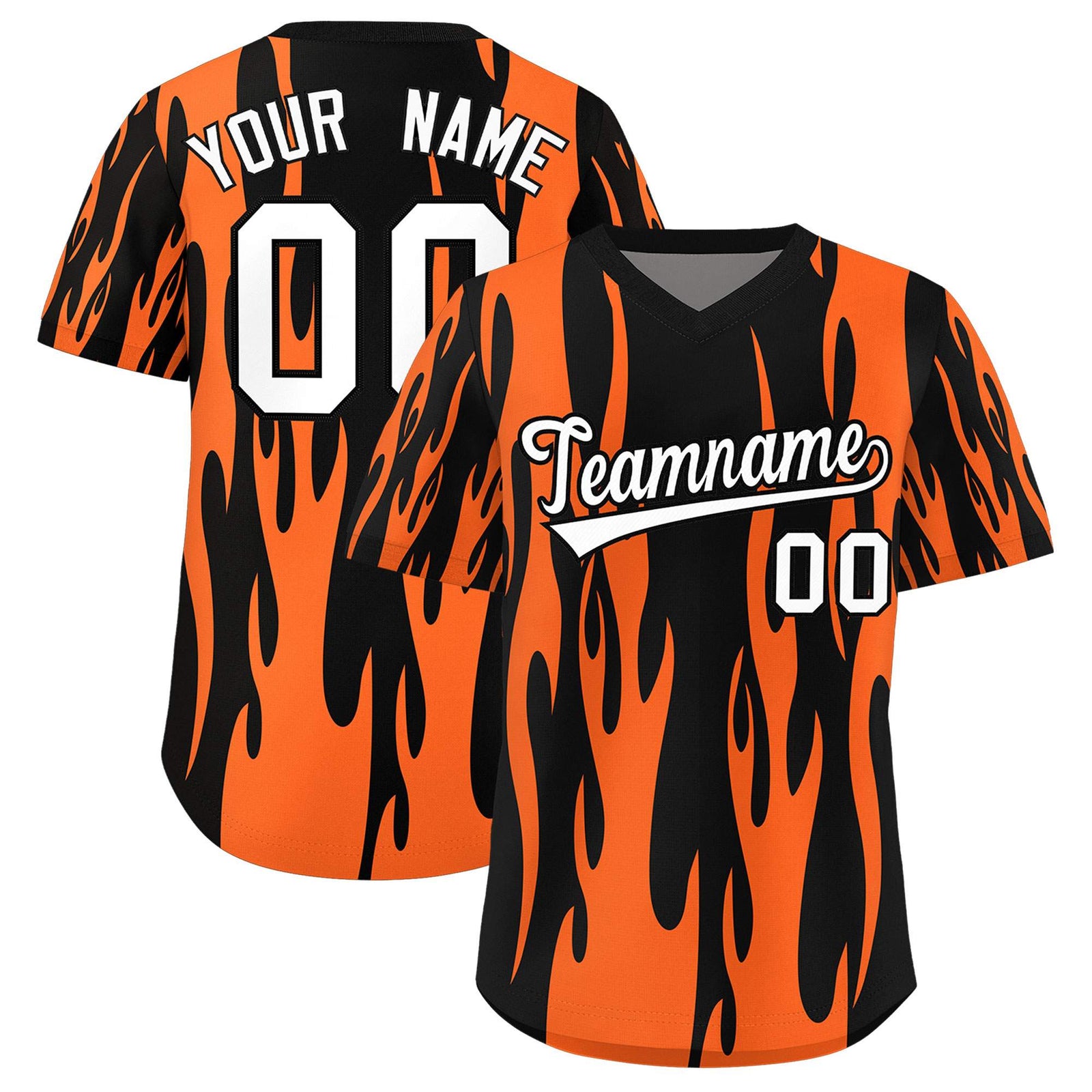 Custom Black Orange Flame Pattern Authentic Pullover Baseball Jersey