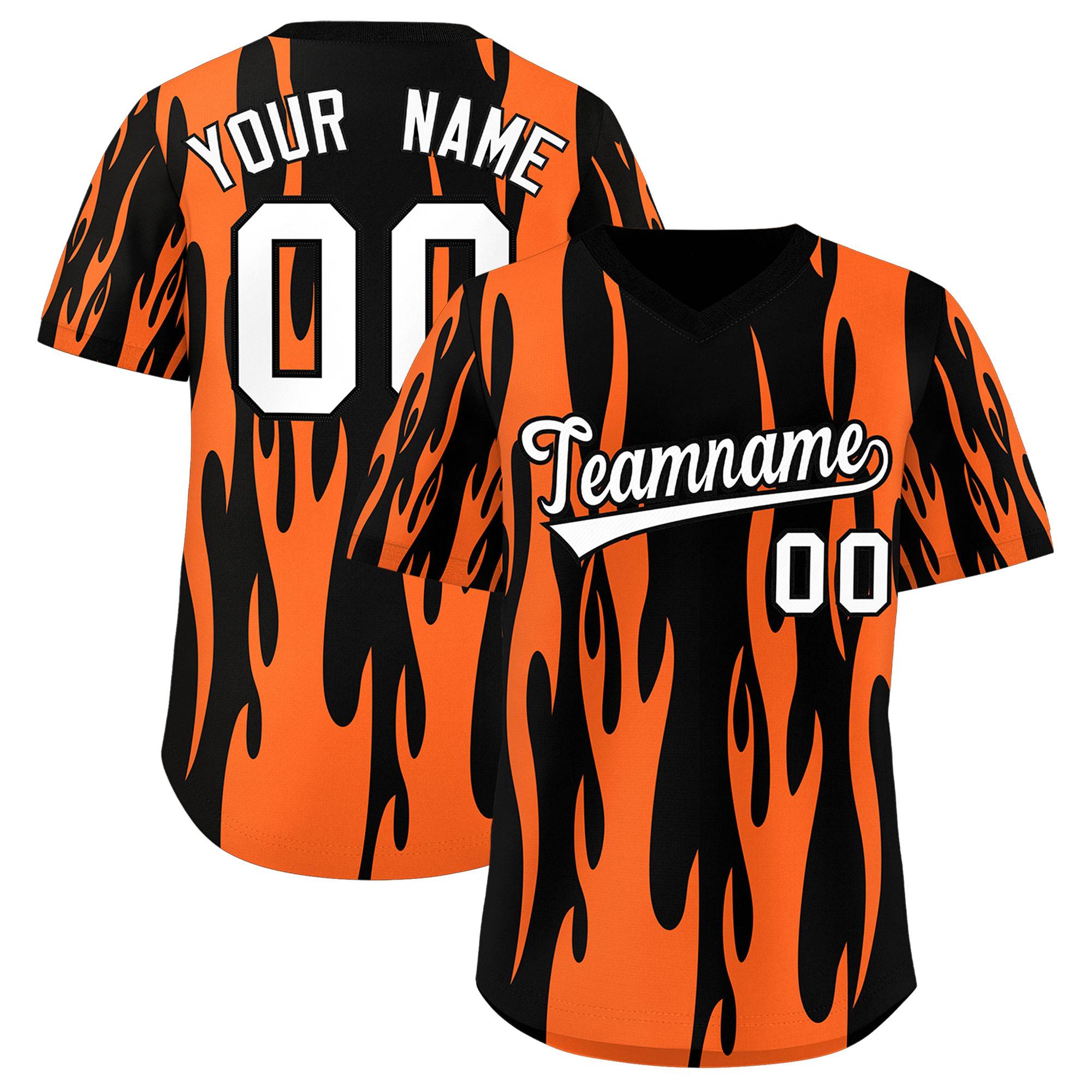 Custom Black Orange Flame Pattern Authentic Pullover Baseball Jersey
