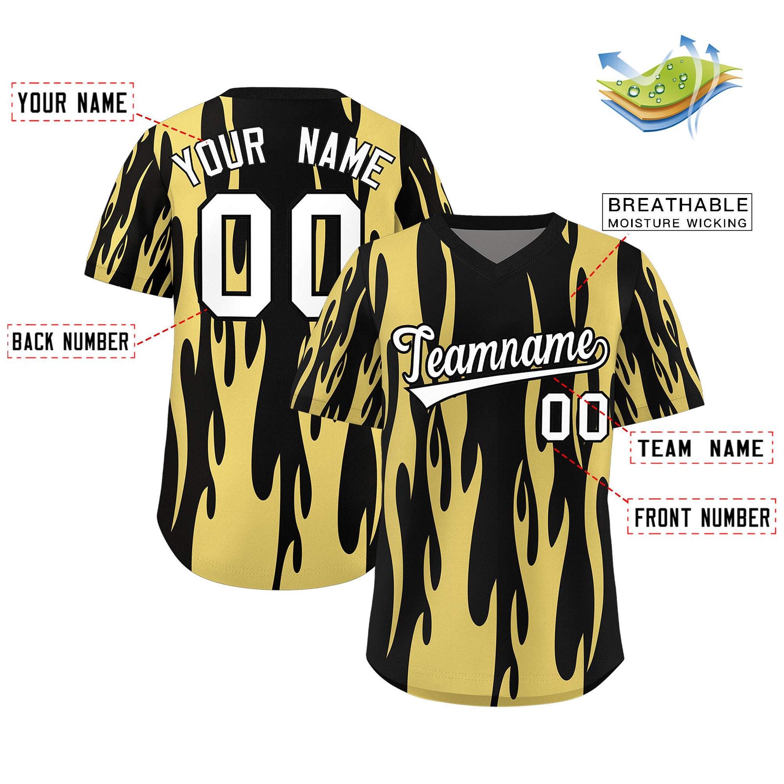 Custom Black Old Gold Flame Pattern Authentic Pullover Baseball Jersey