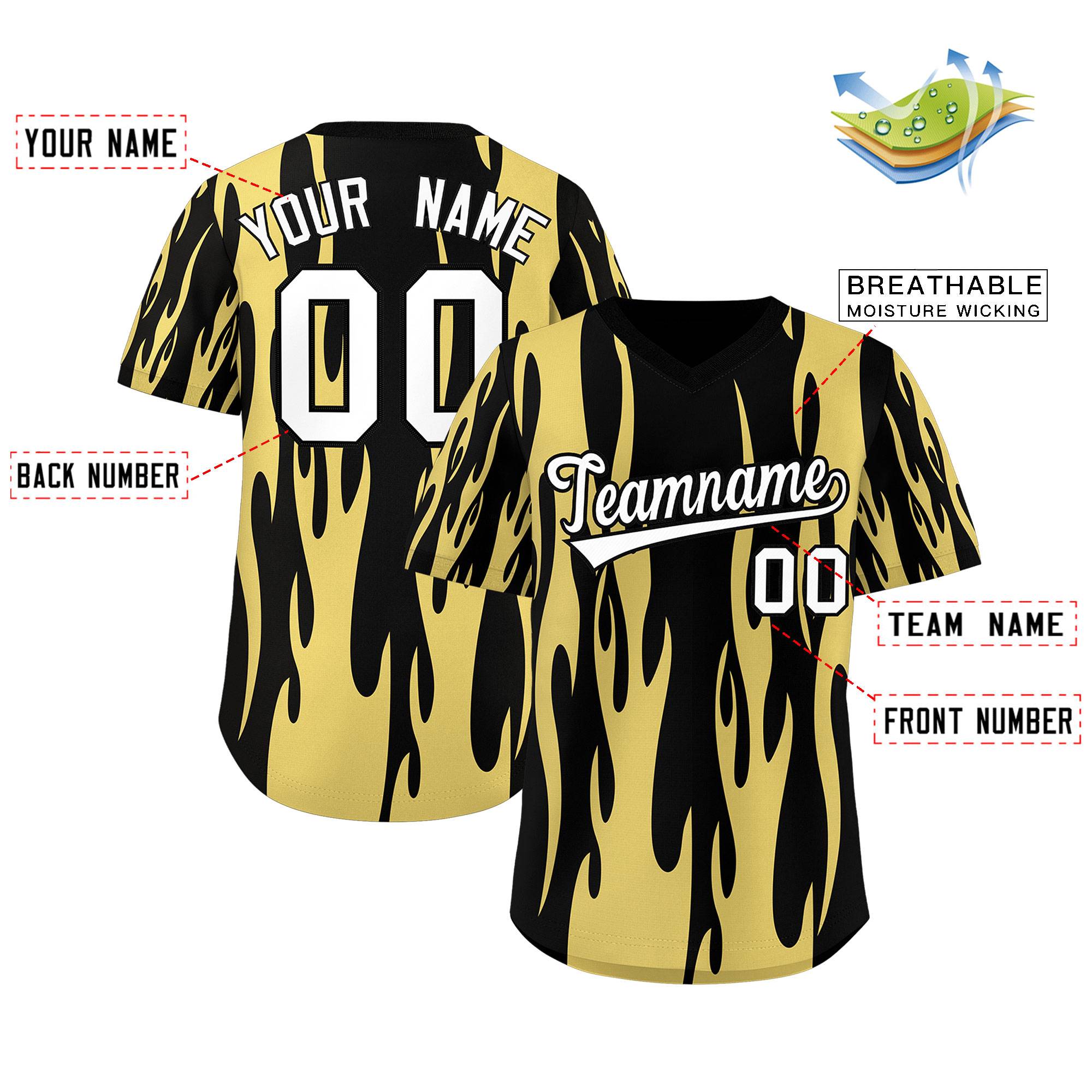 Custom Black Old Gold Flame Pattern Authentic Pullover Baseball Jersey