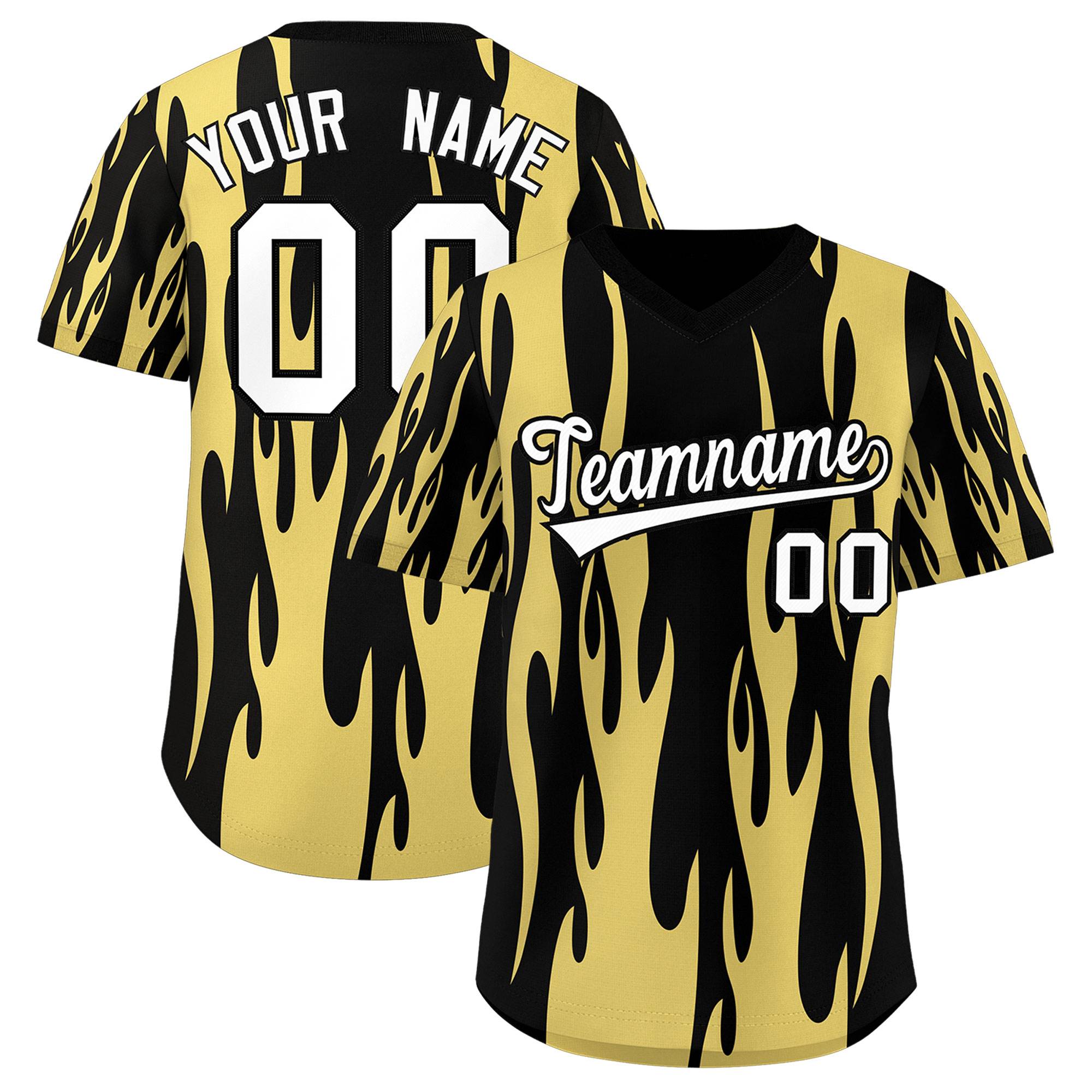 Custom Black Old Gold Flame Pattern Authentic Pullover Baseball Jersey