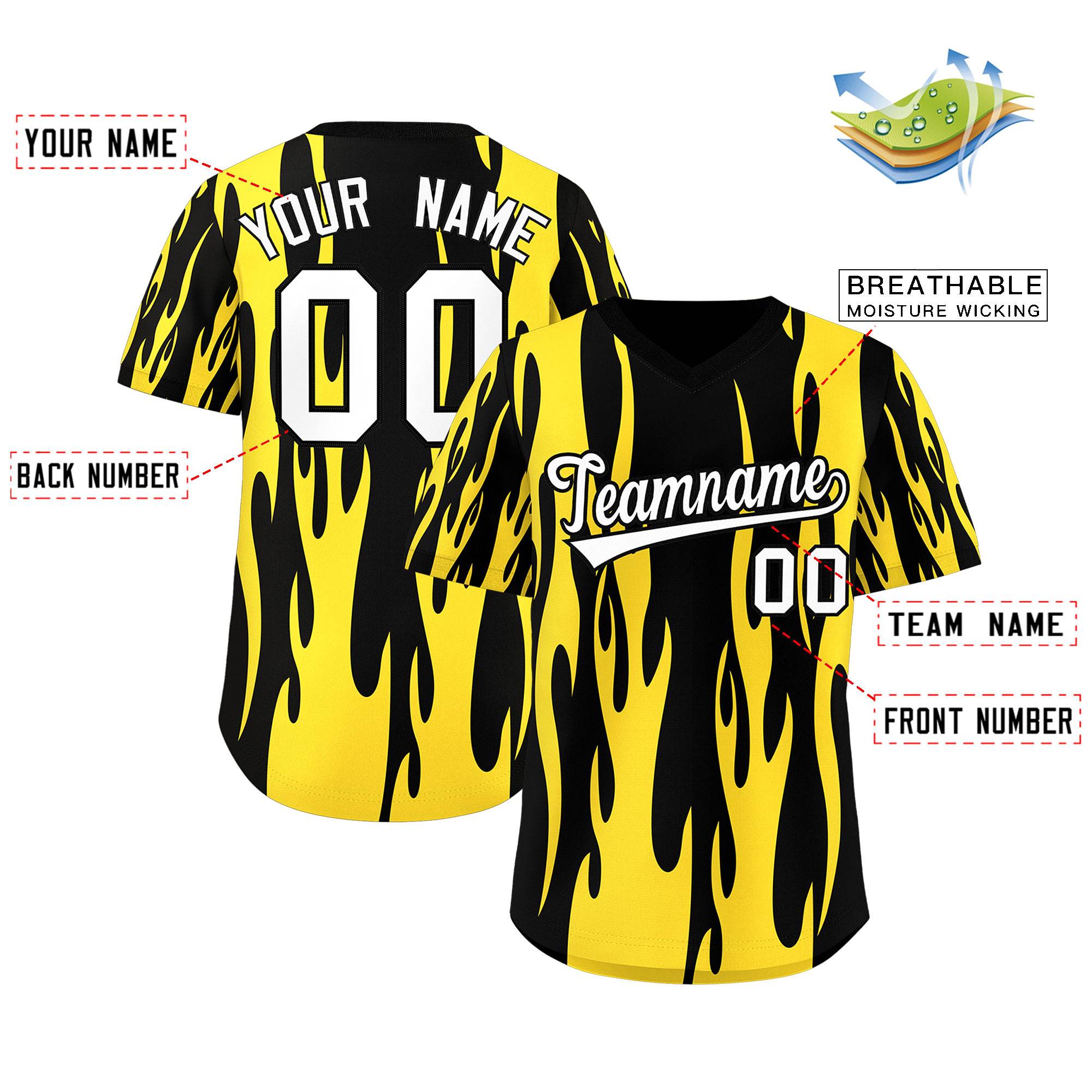 Custom Black Gold Flame Pattern Authentic Pullover Baseball Jersey