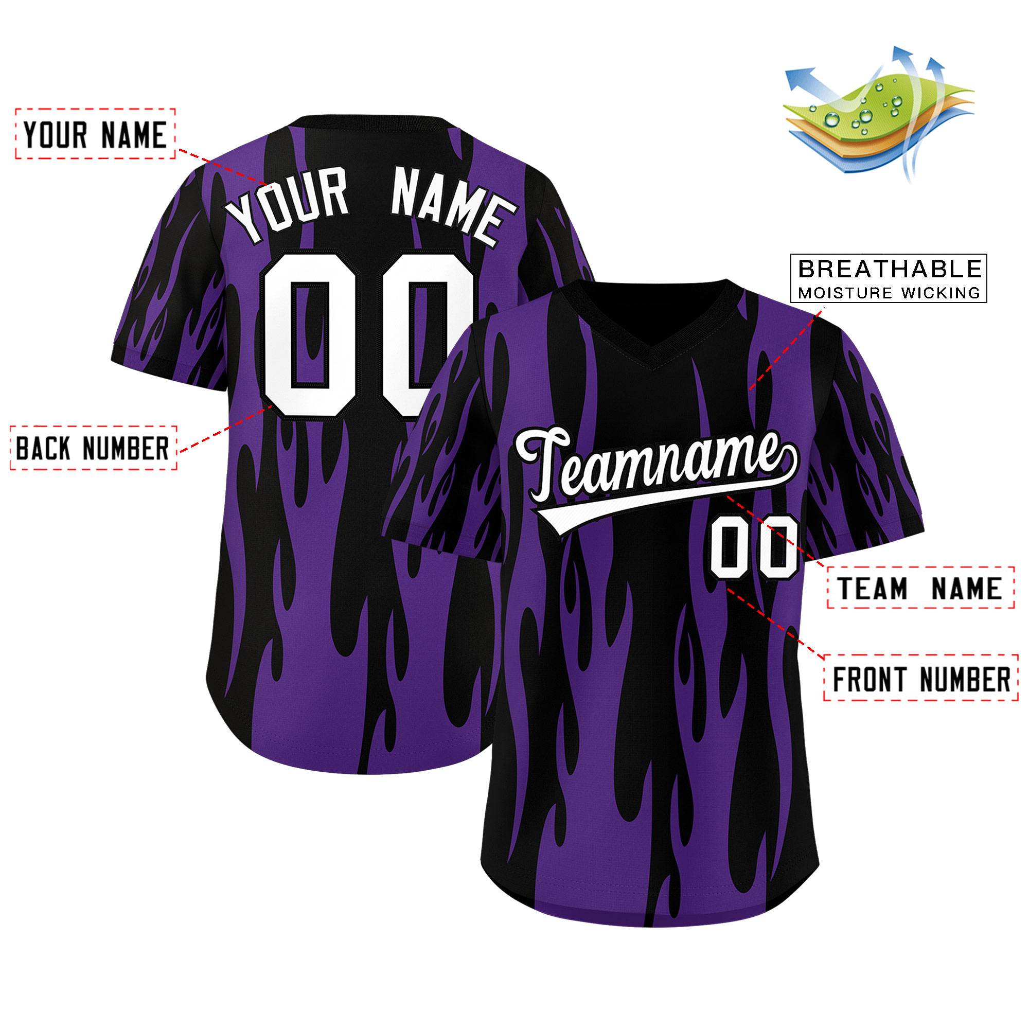 Custom Black Purple Flame Pattern Authentic Pullover Baseball Jersey