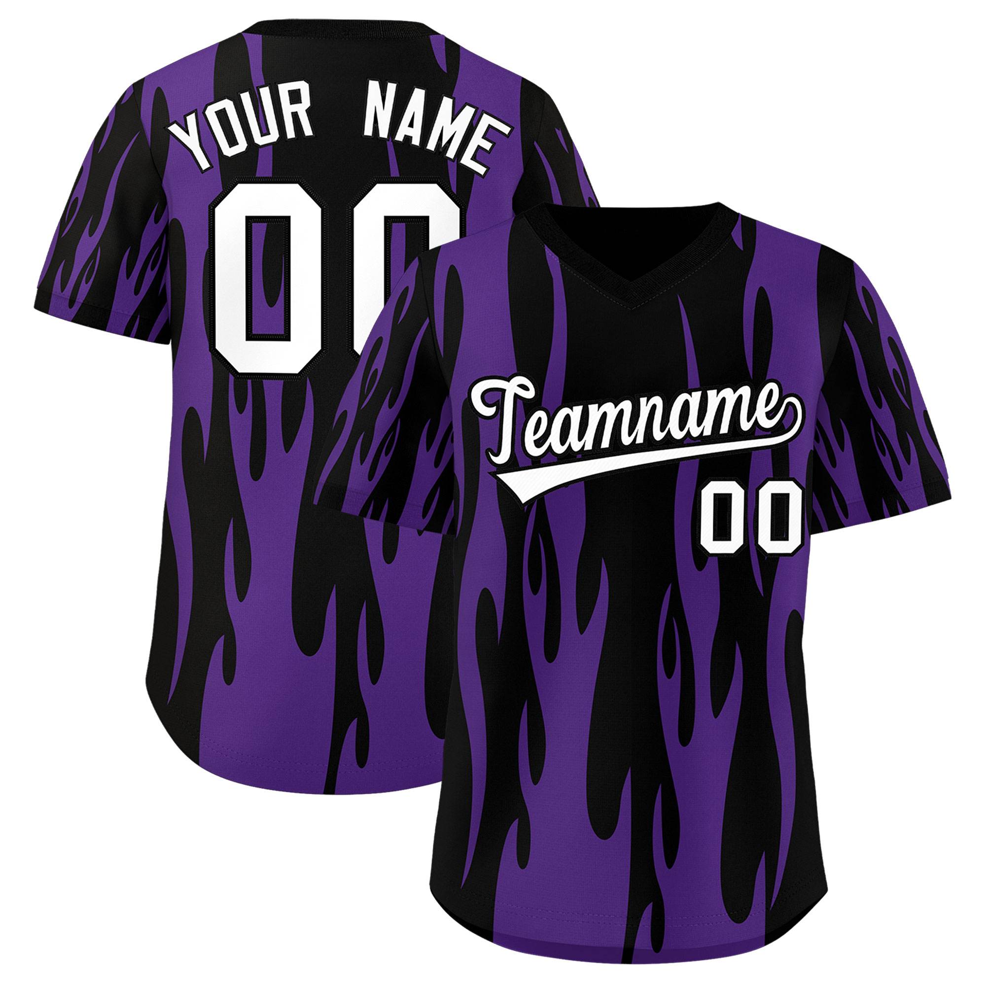 Custom Black Purple Flame Pattern Authentic Pullover Baseball Jersey