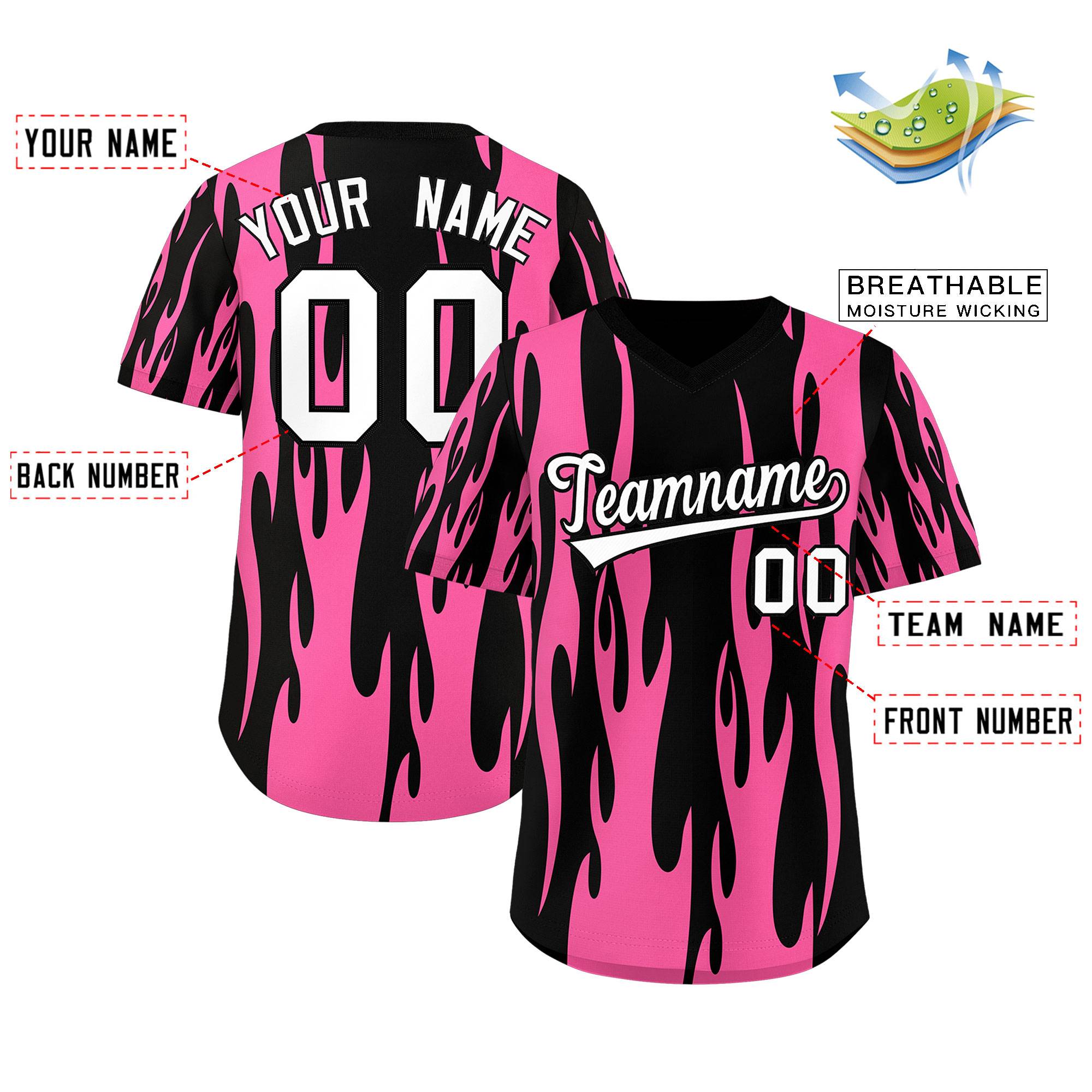 Custom Black Pink Flame Pattern Authentic Pullover Baseball Jersey