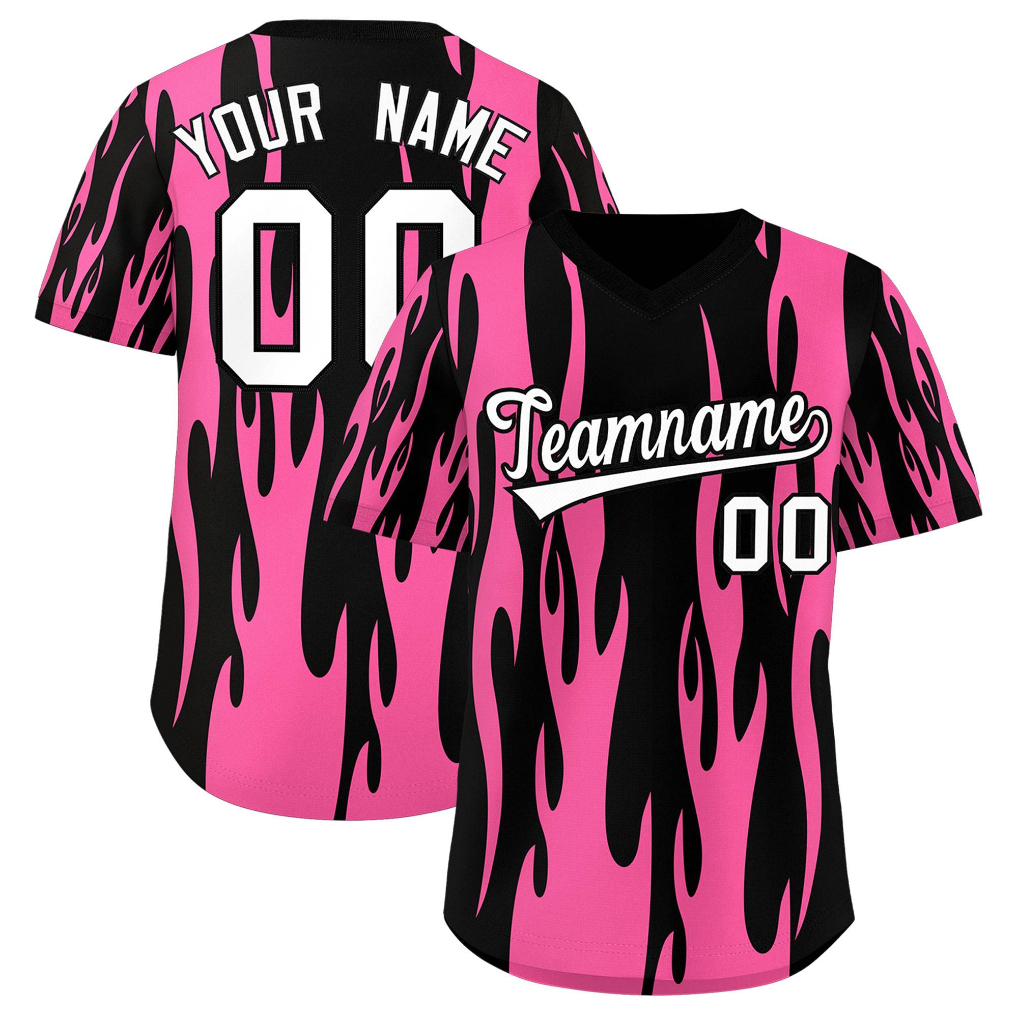 Custom Black Pink Flame Pattern Authentic Pullover Baseball Jersey