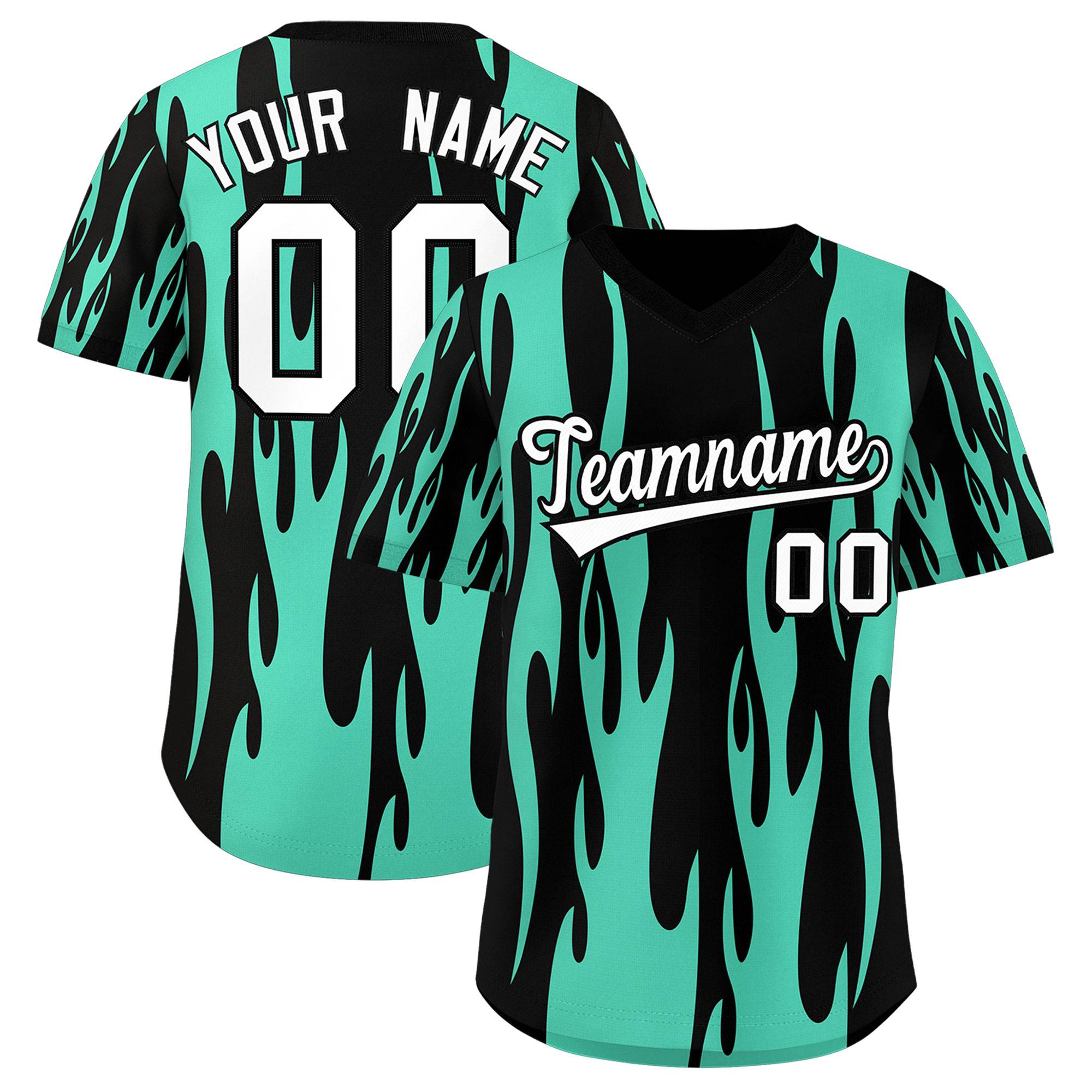 Custom Black Bright Green Flame Pattern Authentic Pullover Baseball Jersey