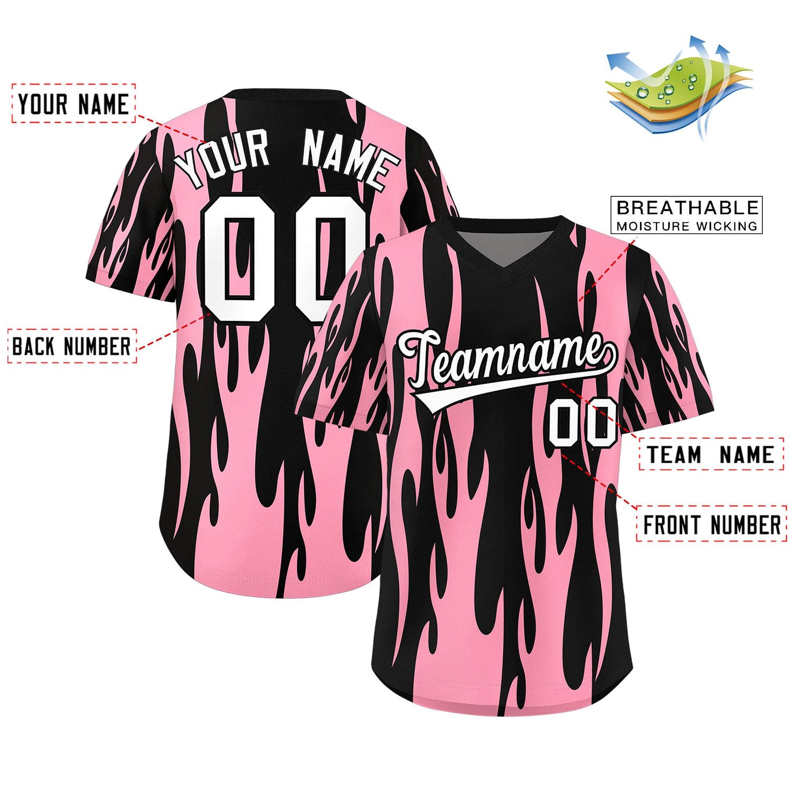 Custom Black Light Pink Flame Pattern Authentic Pullover Baseball Jersey