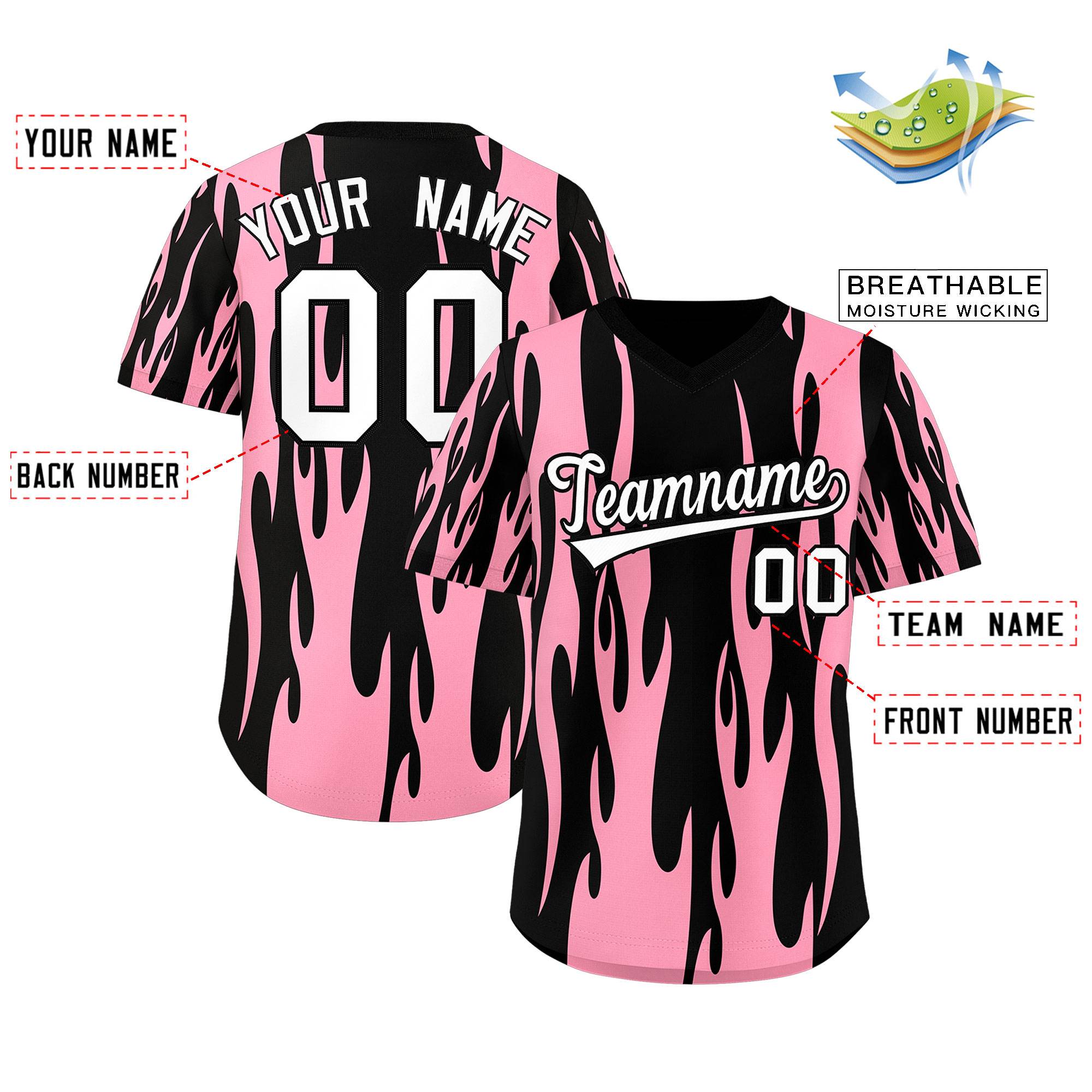 Custom Black Light Pink Flame Pattern Authentic Pullover Baseball Jersey