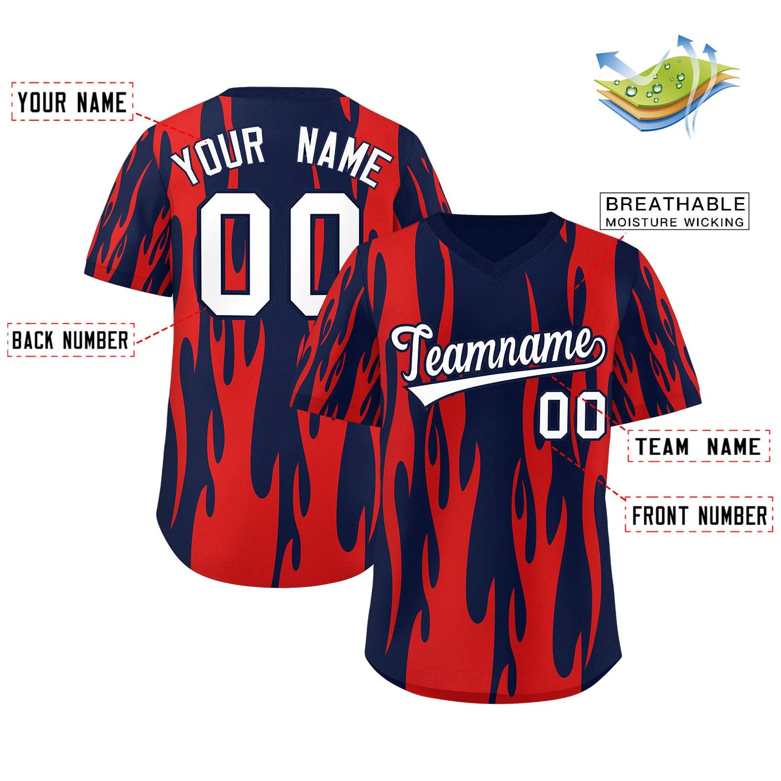 Custom Navy Red Flame Pattern Authentic Pullover Baseball Jersey
