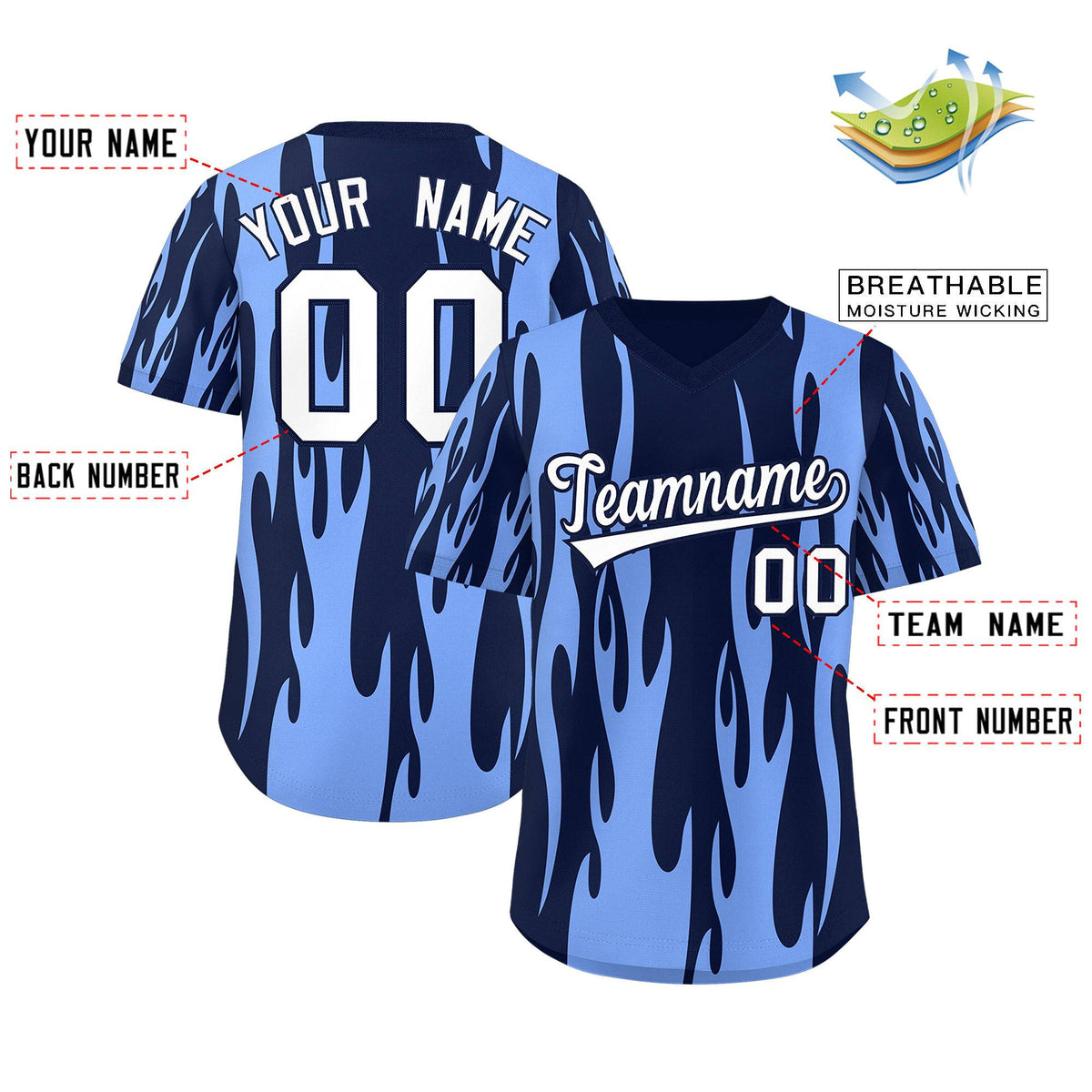 Custom Navy Light Blue Flame Pattern Authentic Pullover Baseball Jersey
