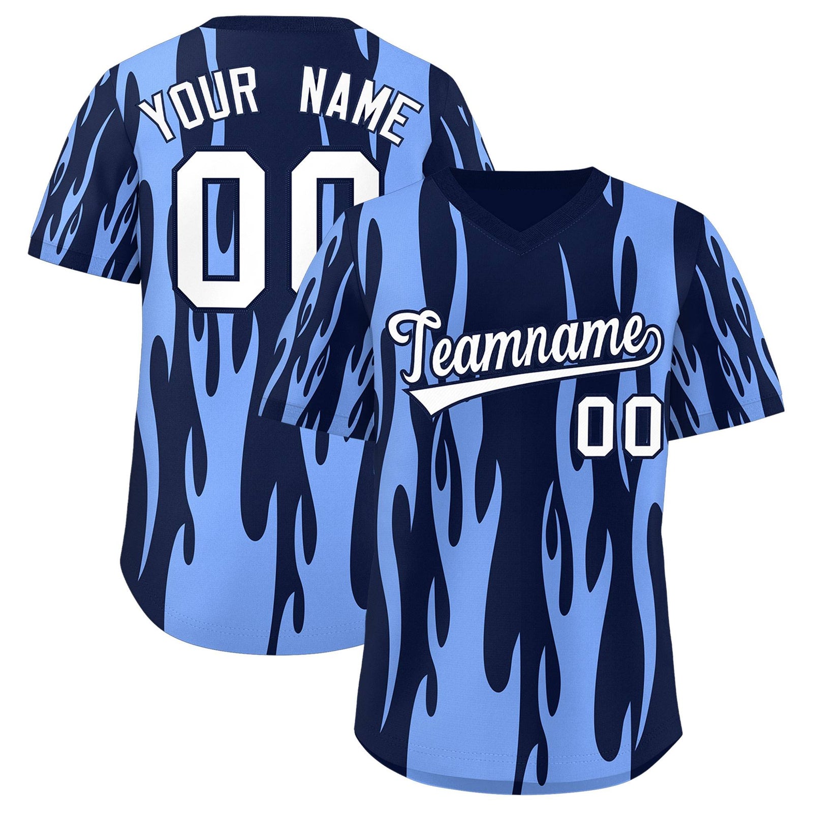 Custom Navy Light Blue Flame Pattern Authentic Pullover Baseball Jersey