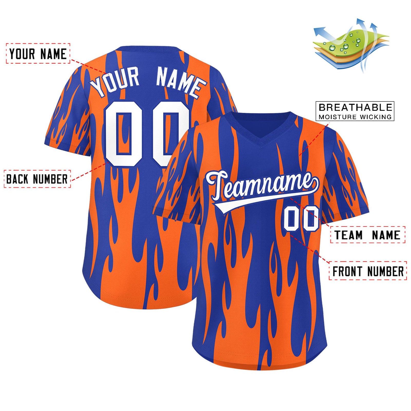 Custom Royal Orange Flame Pattern Authentic Pullover Baseball Jersey