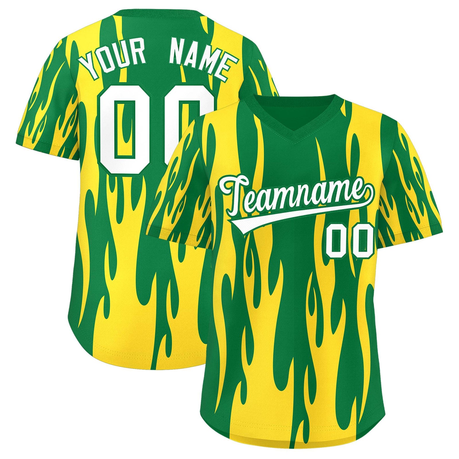 Custom Kelly Green Gold Flame Pattern Authentic Pullover Baseball Jersey