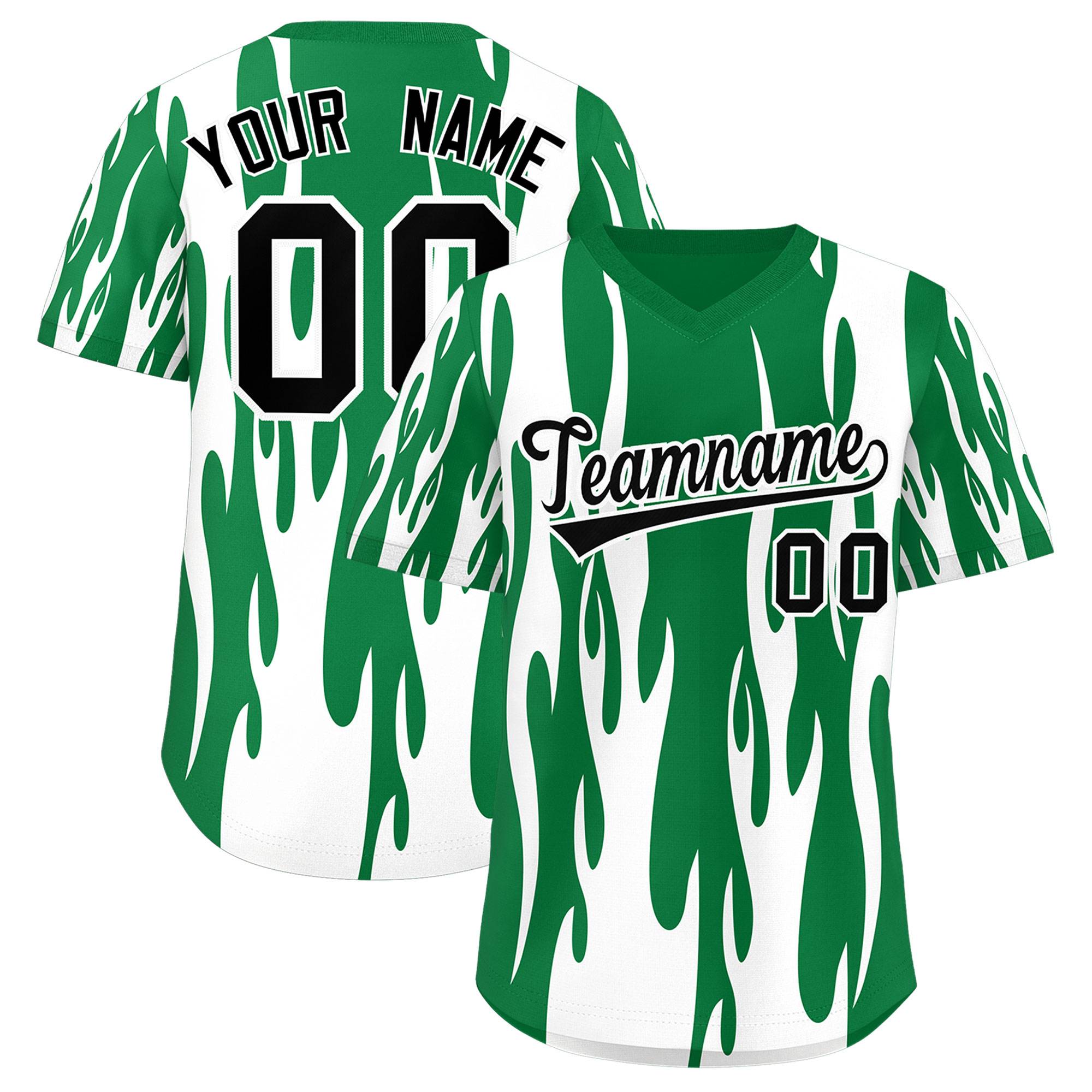 Custom Kelly Green White Flame Pattern Authentic Pullover Baseball Jersey