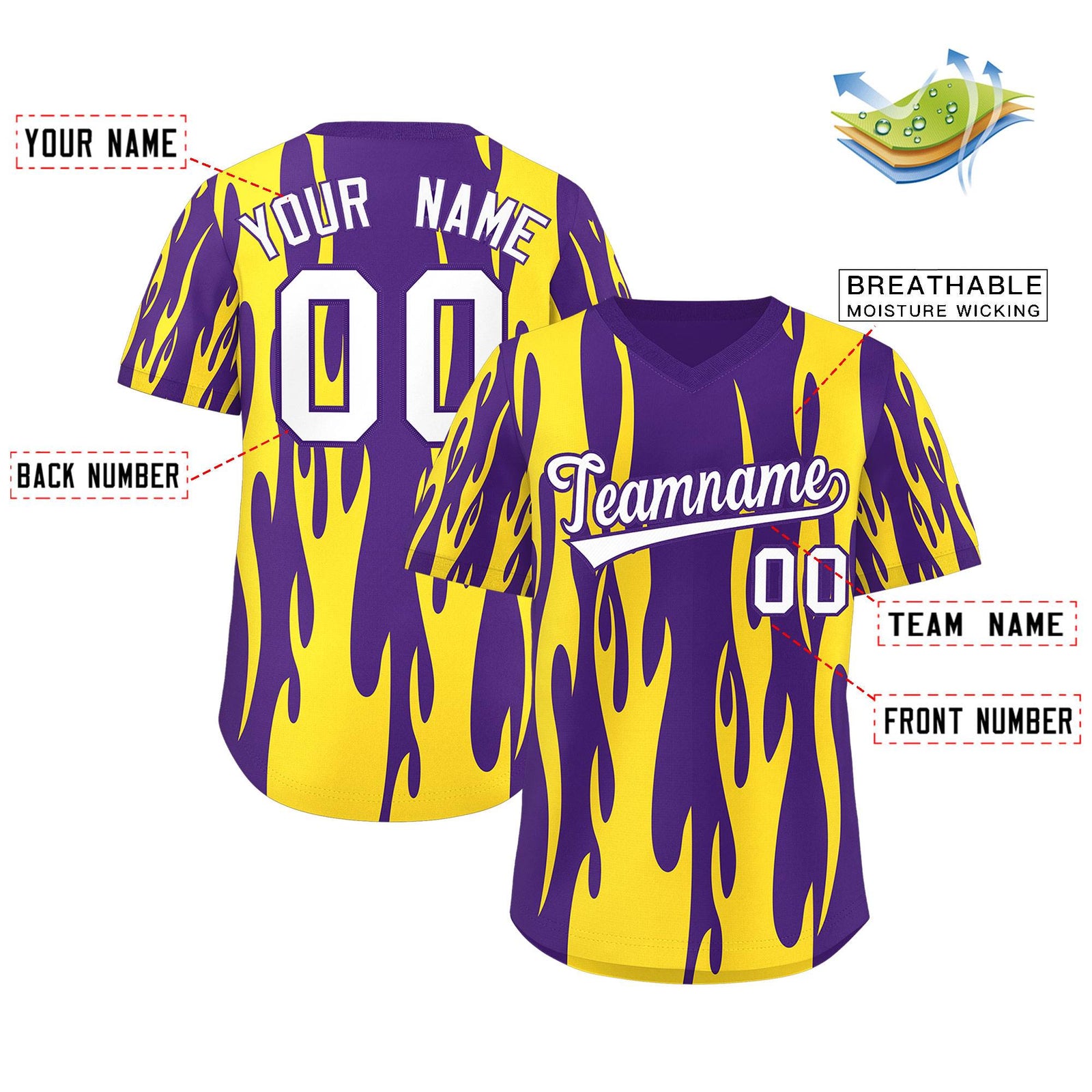 Custom Purple Gold Flame Pattern Authentic Pullover Baseball Jersey
