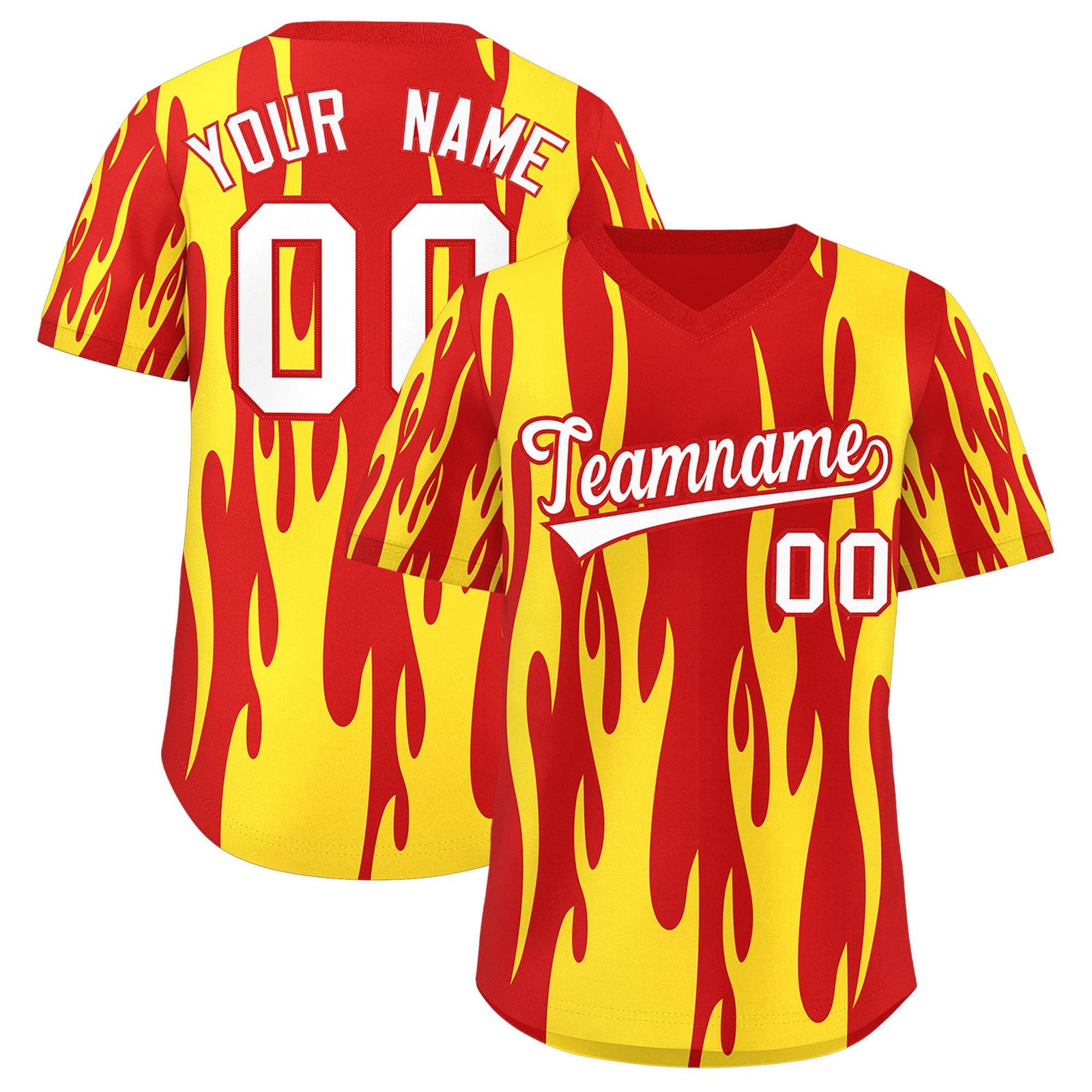 Custom Red Gold Flame Pattern Authentic Pullover Baseball Jersey