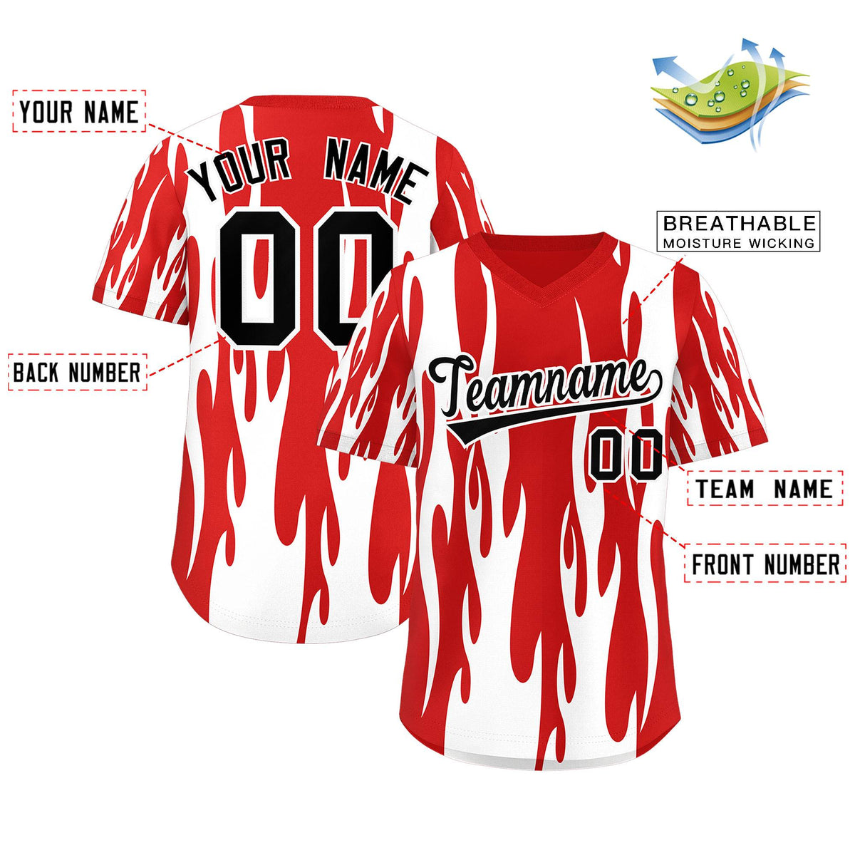 Custom Red White Flame Pattern Authentic Pullover Baseball Jersey