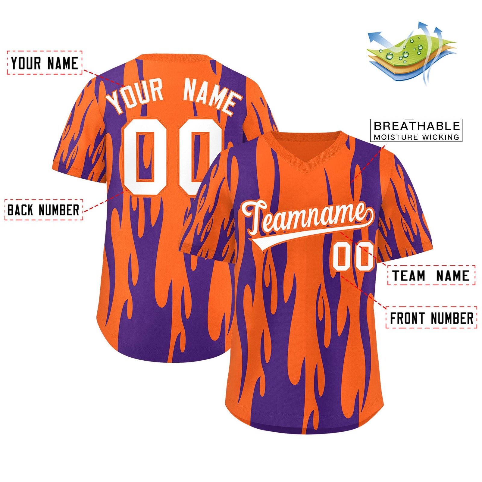 Custom Orange Purple Flame Pattern Authentic Pullover Baseball Jersey