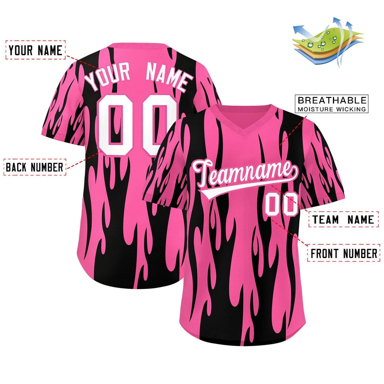 Custom Pink Black Flame Pattern Authentic Pullover Baseball Jersey