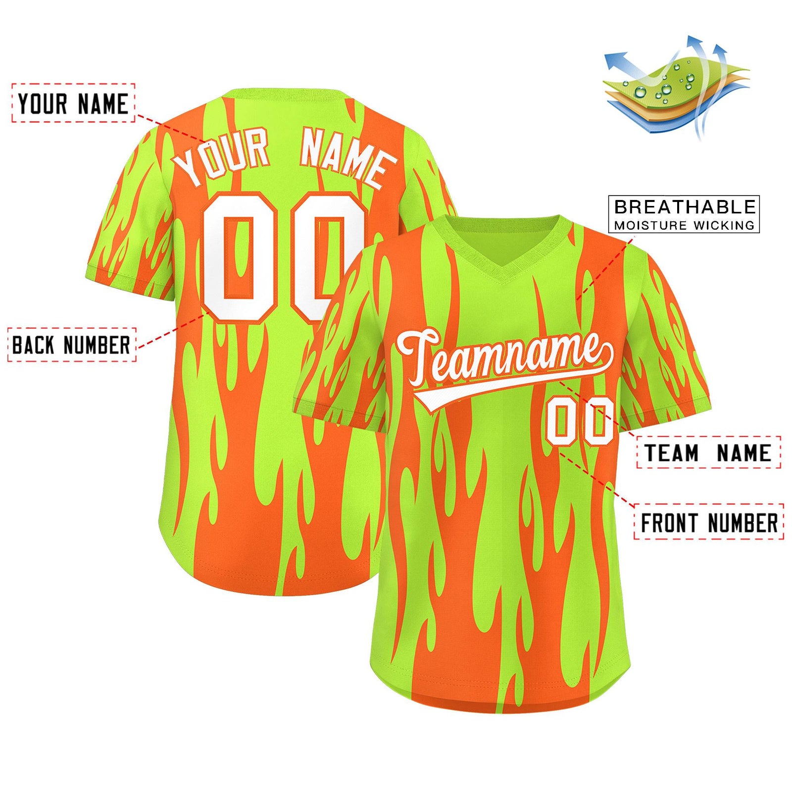 Custom Neon Green Orange Flame Pattern Authentic Pullover Baseball Jersey
