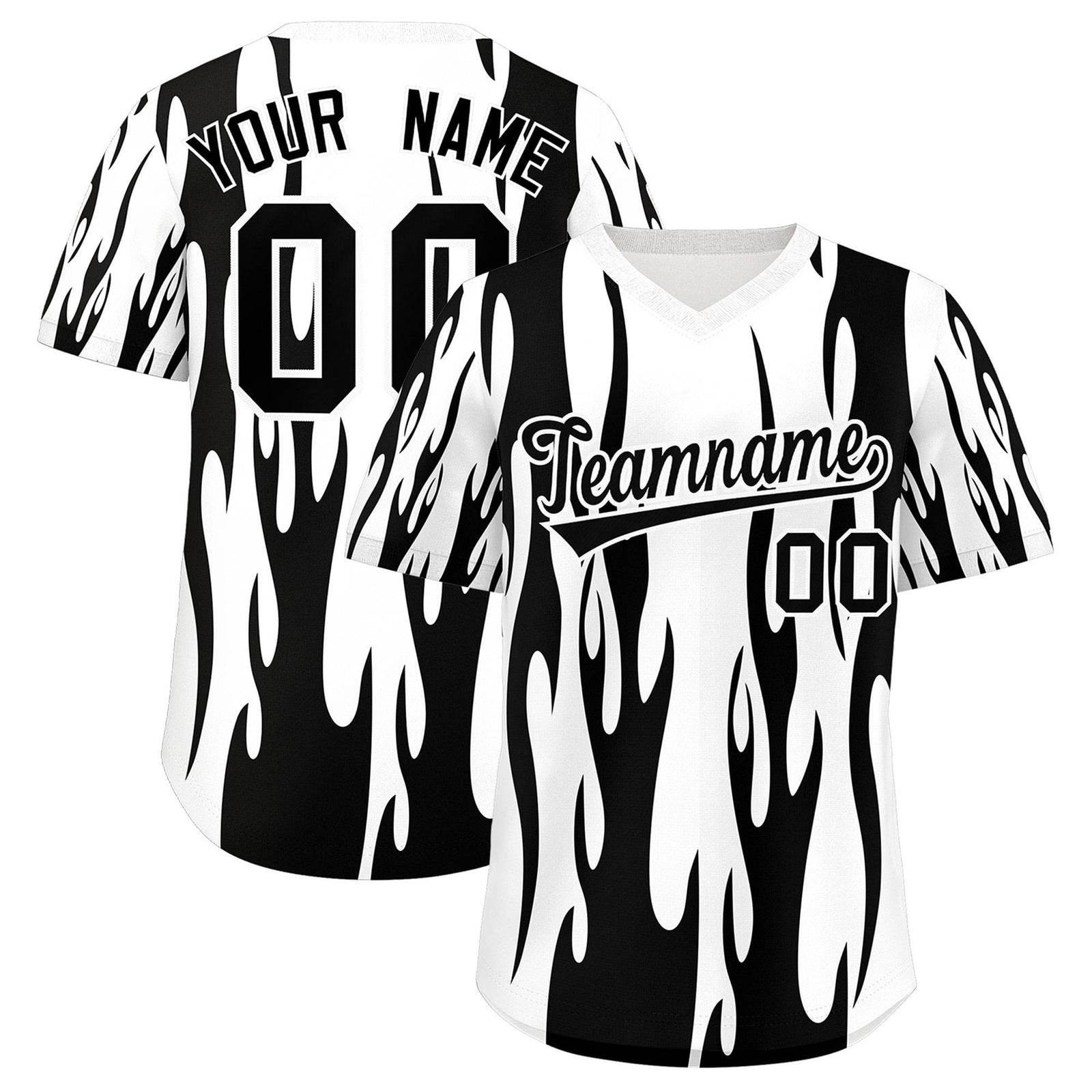 Custom White Black Flame Pattern Authentic Pullover Baseball Jersey