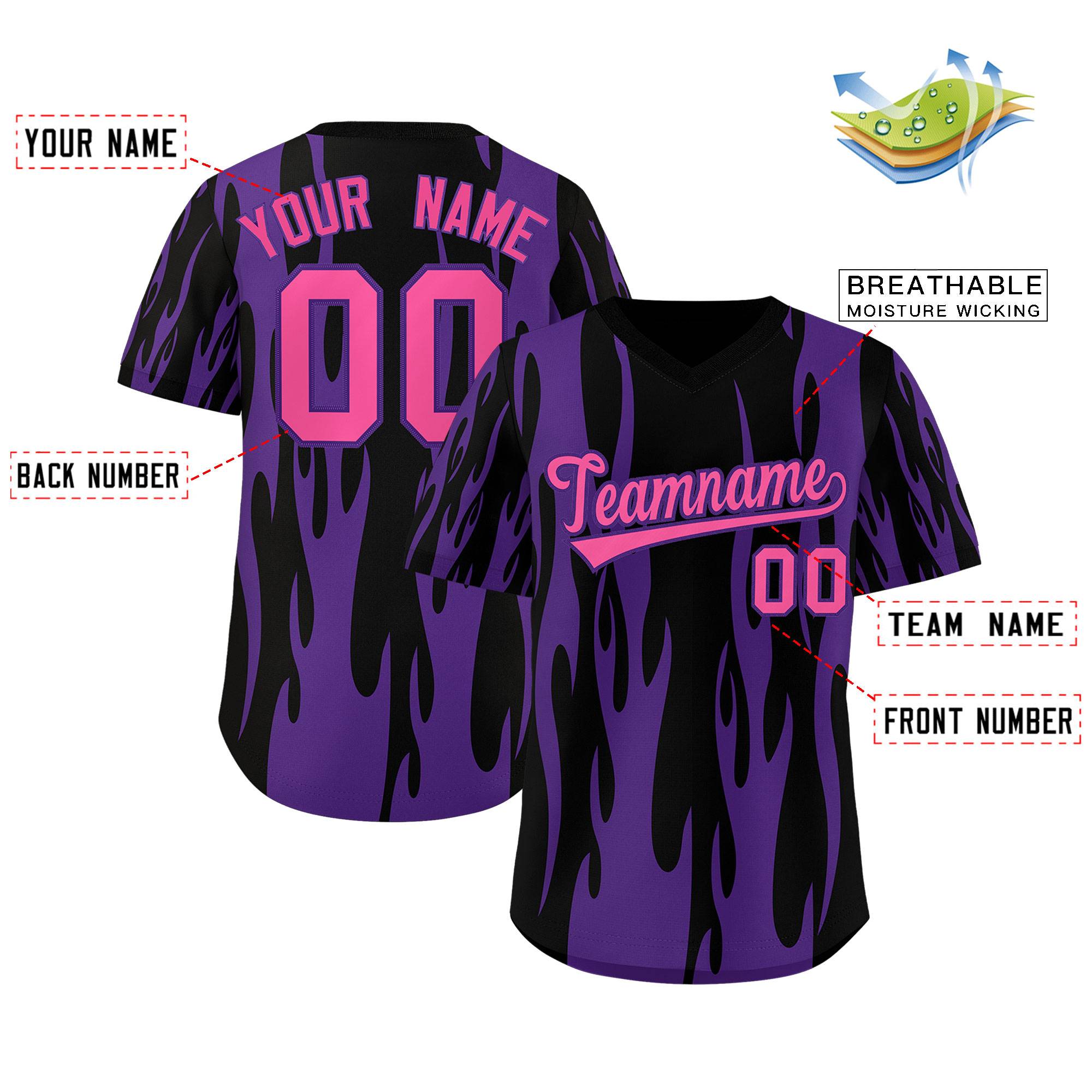 Custom Black Purple Flame Pattern Authentic Pullover Baseball Jersey