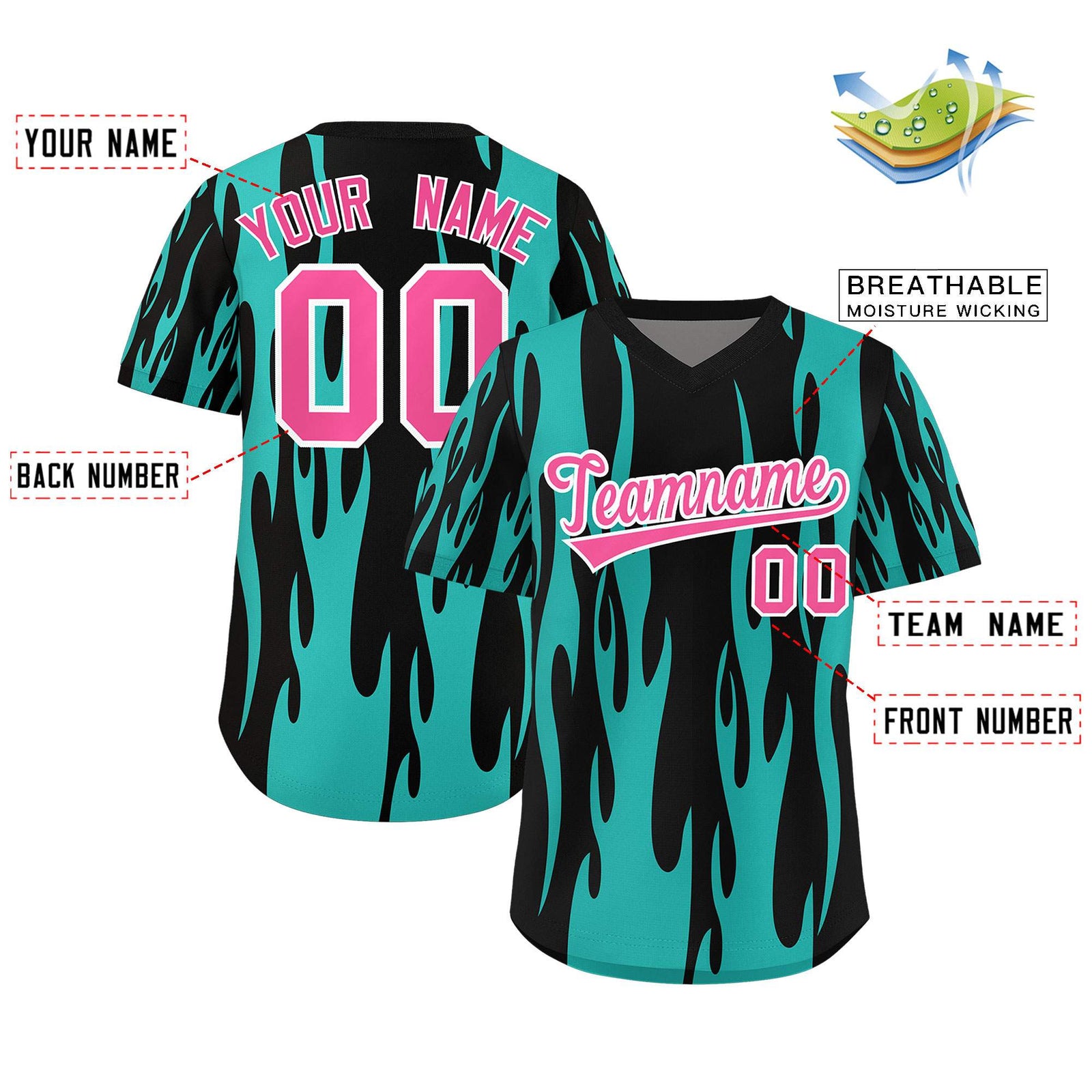 Custom Black Aqua Flame Pattern Authentic Pullover Baseball Jersey