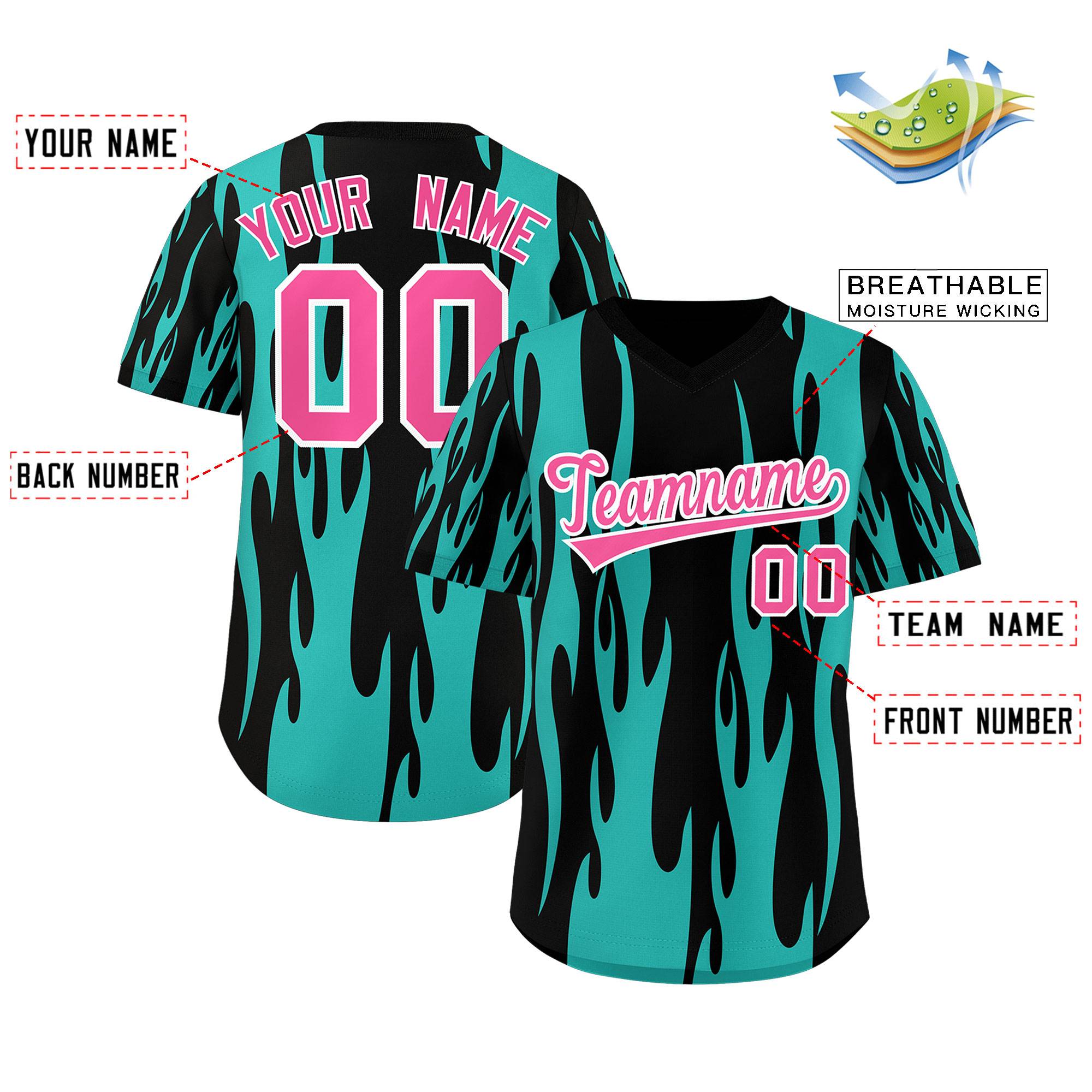 Custom Black Aqua Flame Pattern Authentic Pullover Baseball Jersey