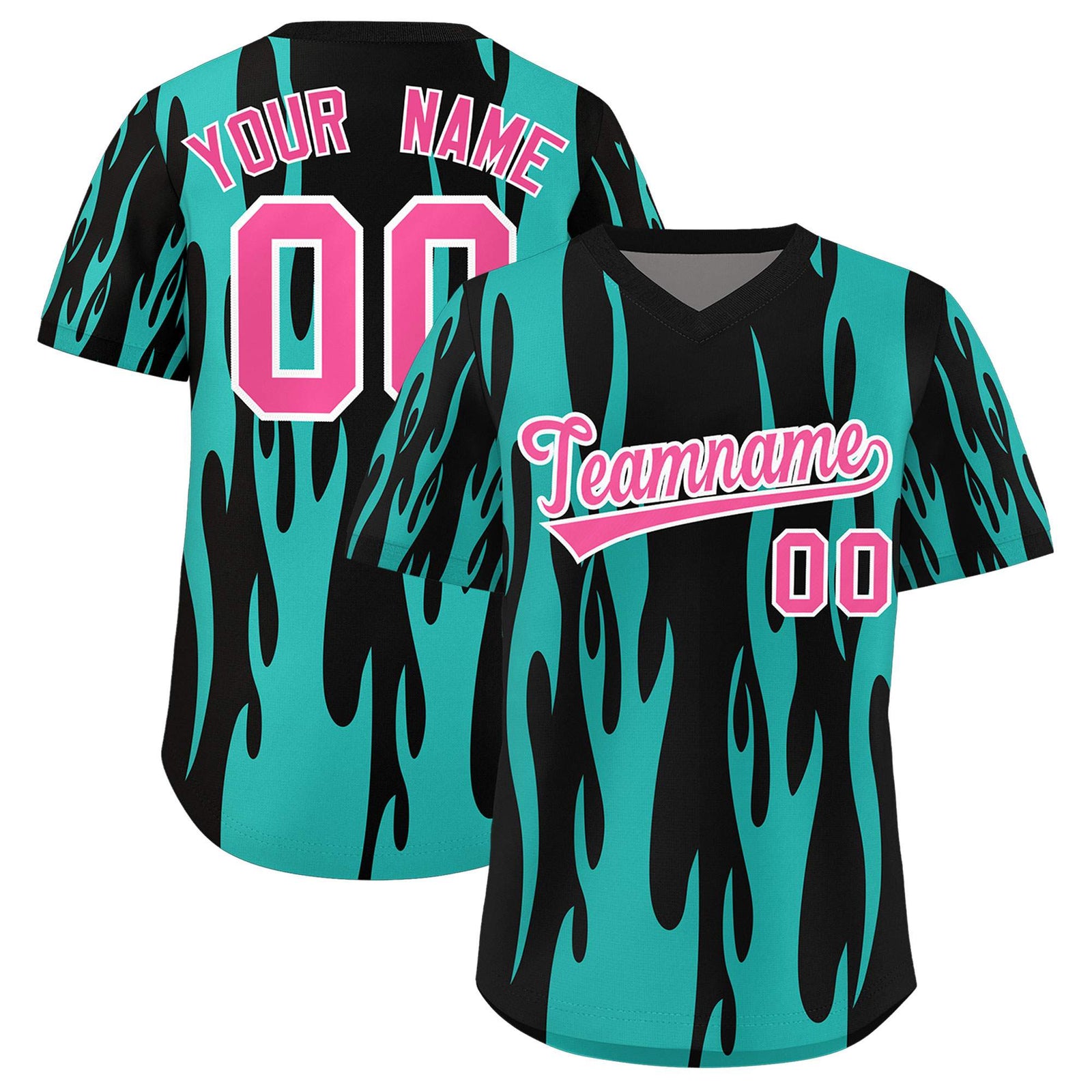 Custom Black Aqua Flame Pattern Authentic Pullover Baseball Jersey