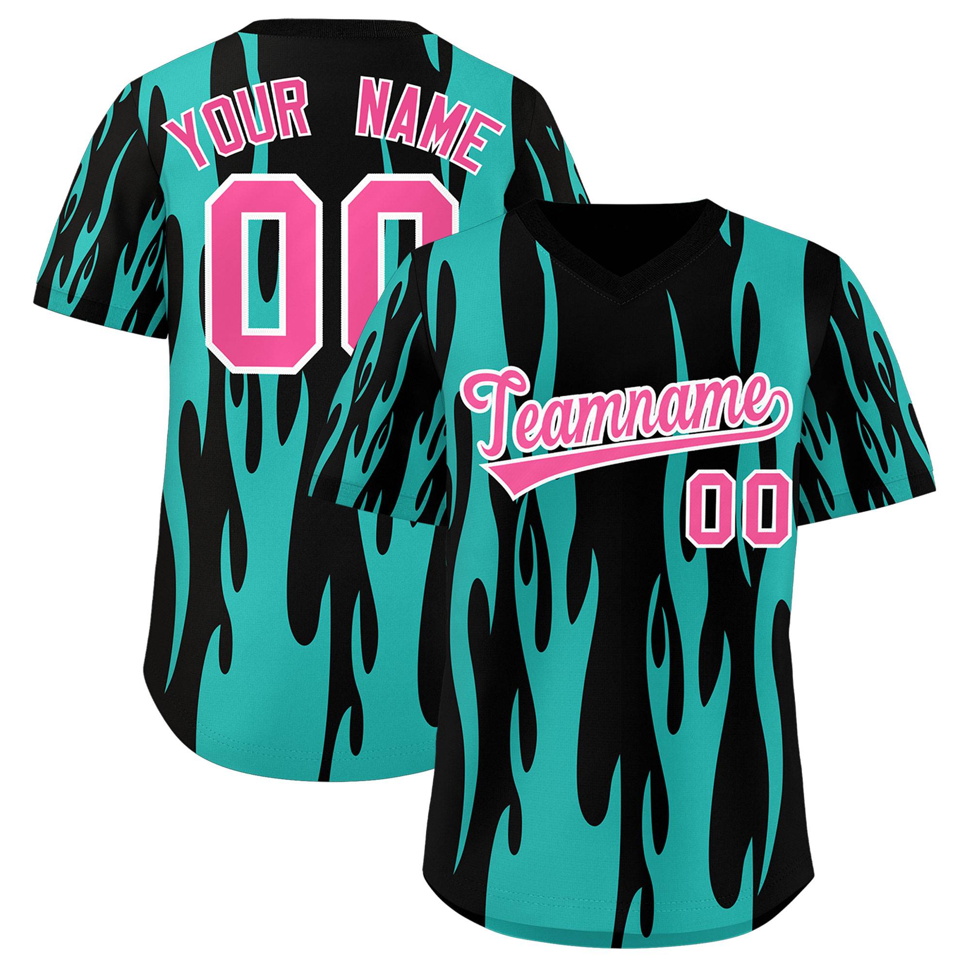 Custom Black Aqua Flame Pattern Authentic Pullover Baseball Jersey