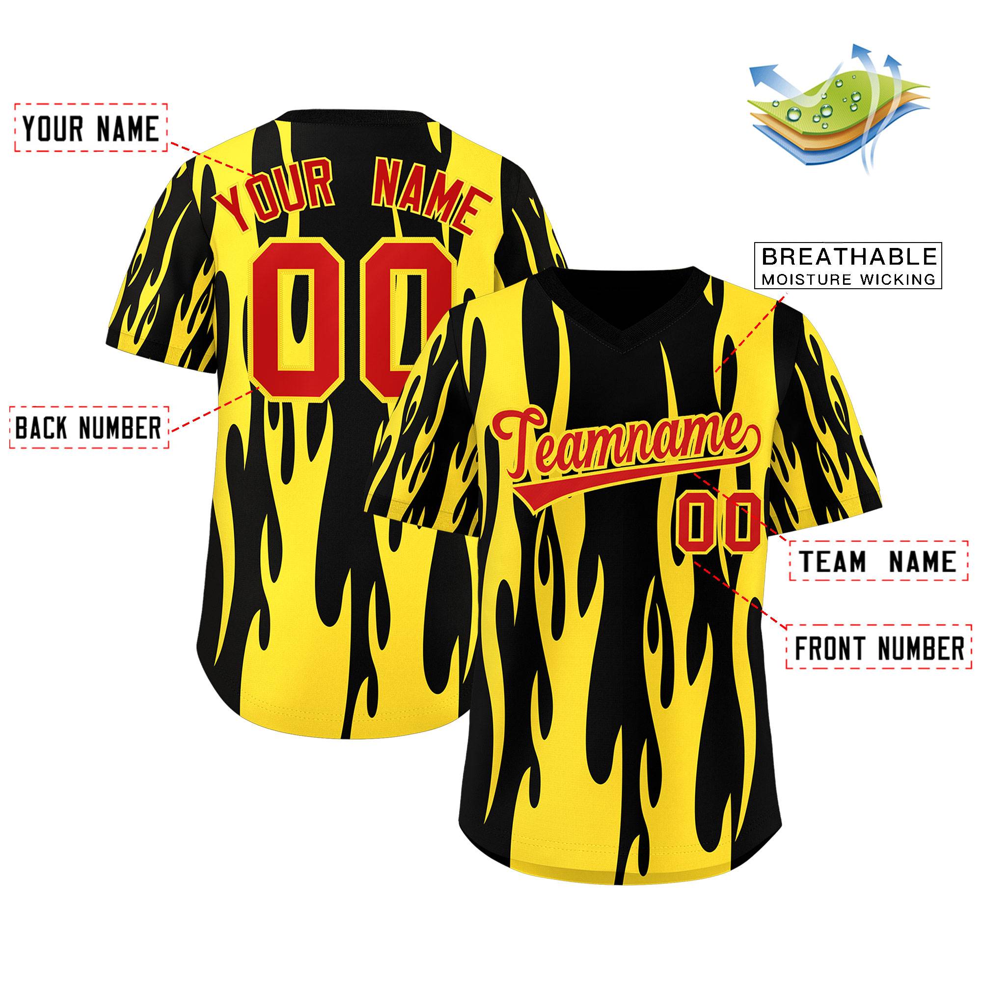 Custom Black Gold Flame Pattern Authentic Pullover Baseball Jersey