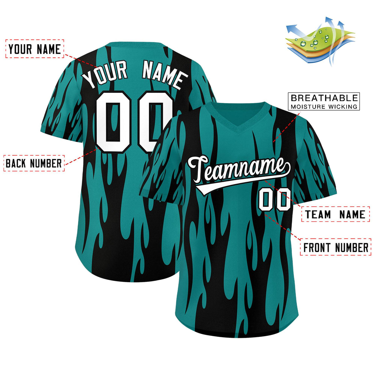 Custom Aqua Black Flame Pattern Authentic Pullover Baseball Jersey