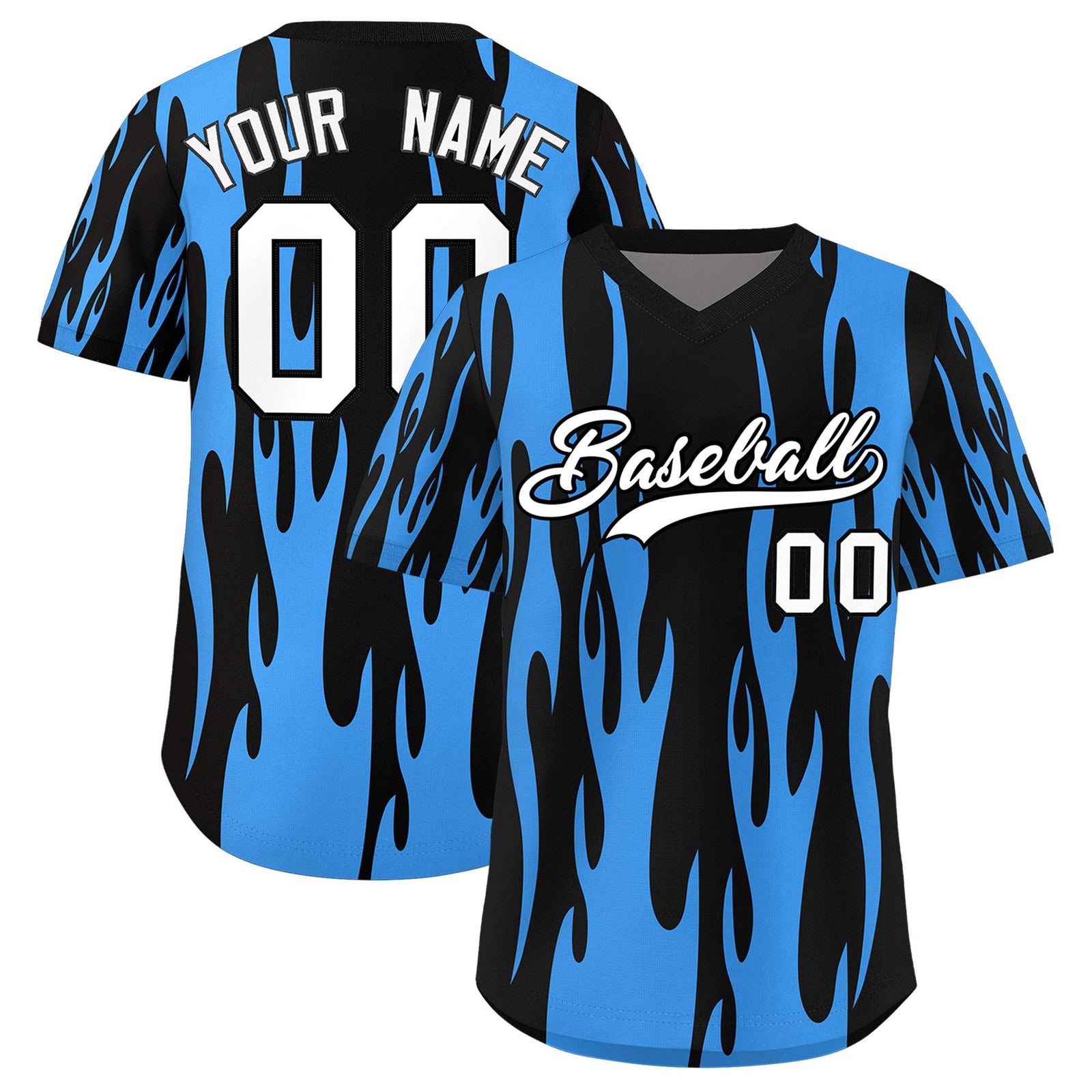 Custom Black Powder Blue Flame Pattern Authentic Pullover Baseball Jersey