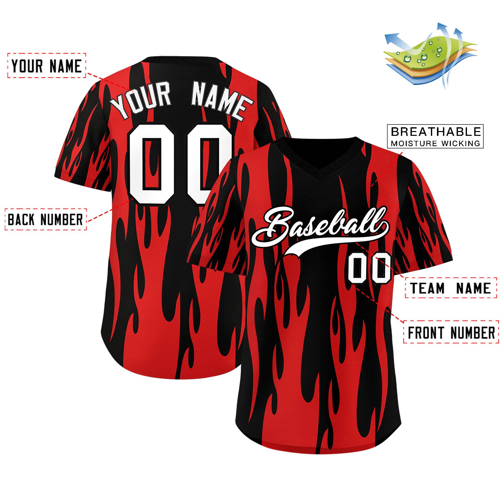 Custom Black Red Flame Pattern Authentic Pullover Baseball Jersey