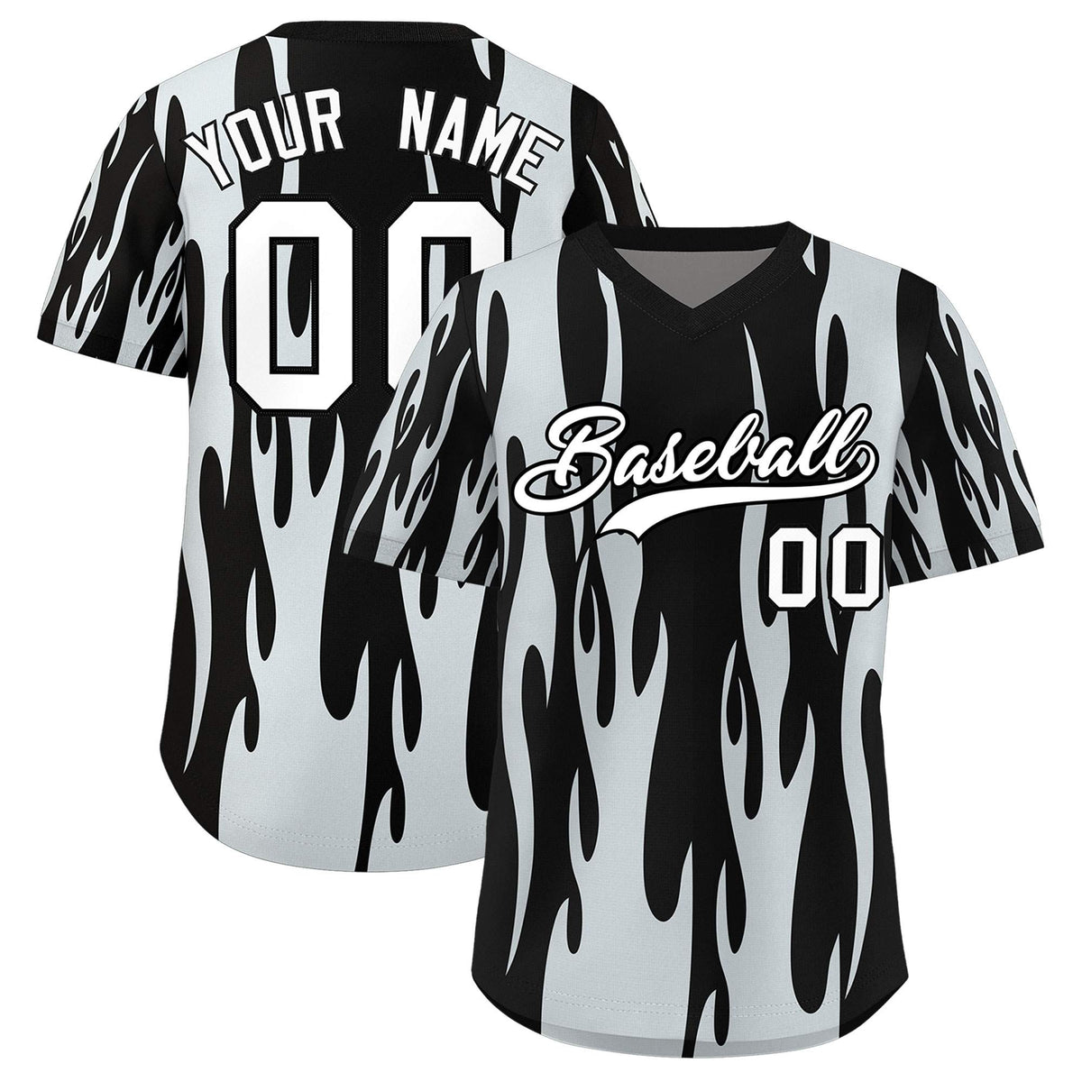 Custom Black Silver Flame Pattern Authentic Pullover Baseball Jersey